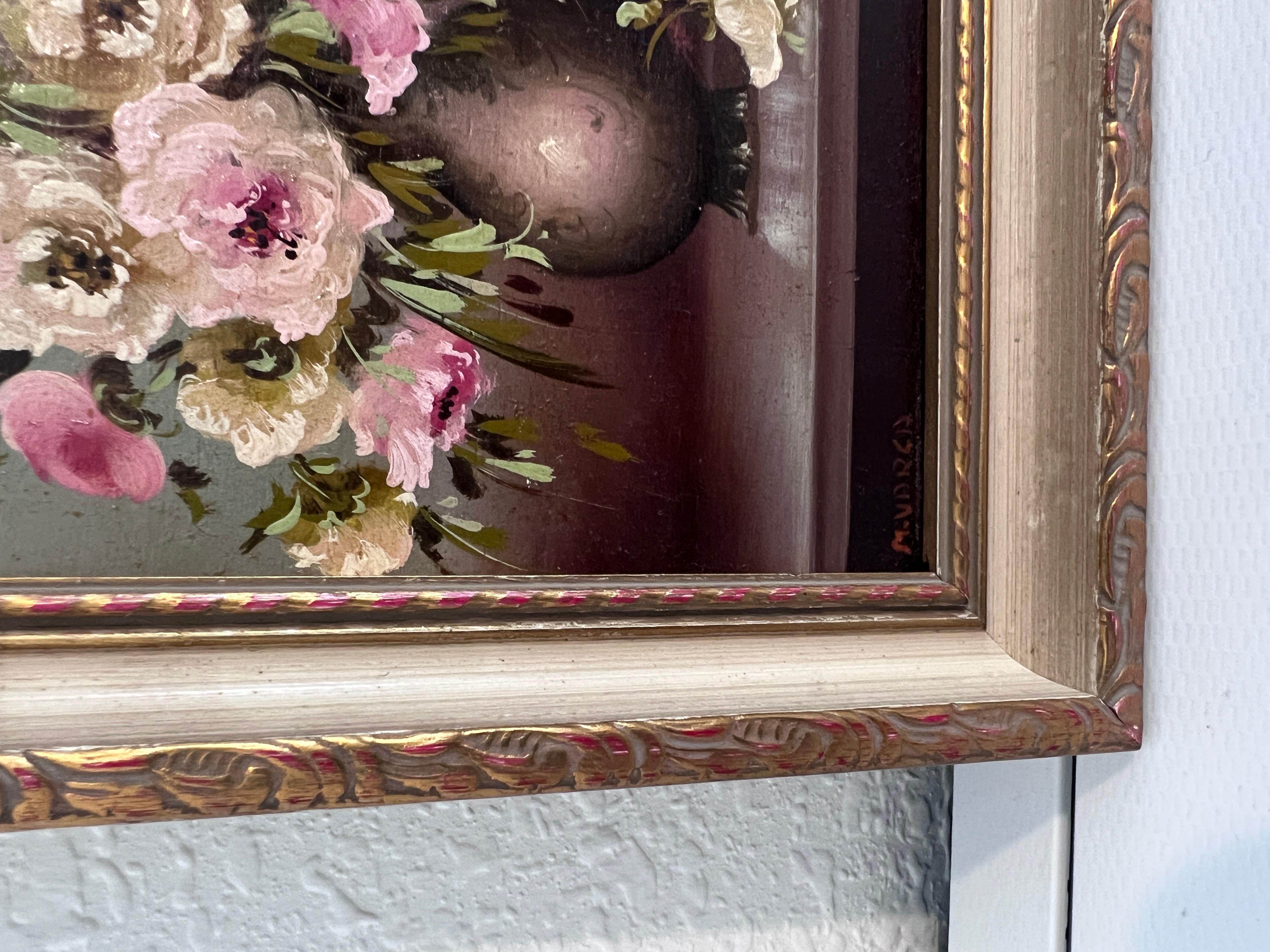 A&M. Petite peinture à l'huile vintage sur panneau, nature morte, fleurs, encadrée - Marron Still-Life Painting par M.Varga