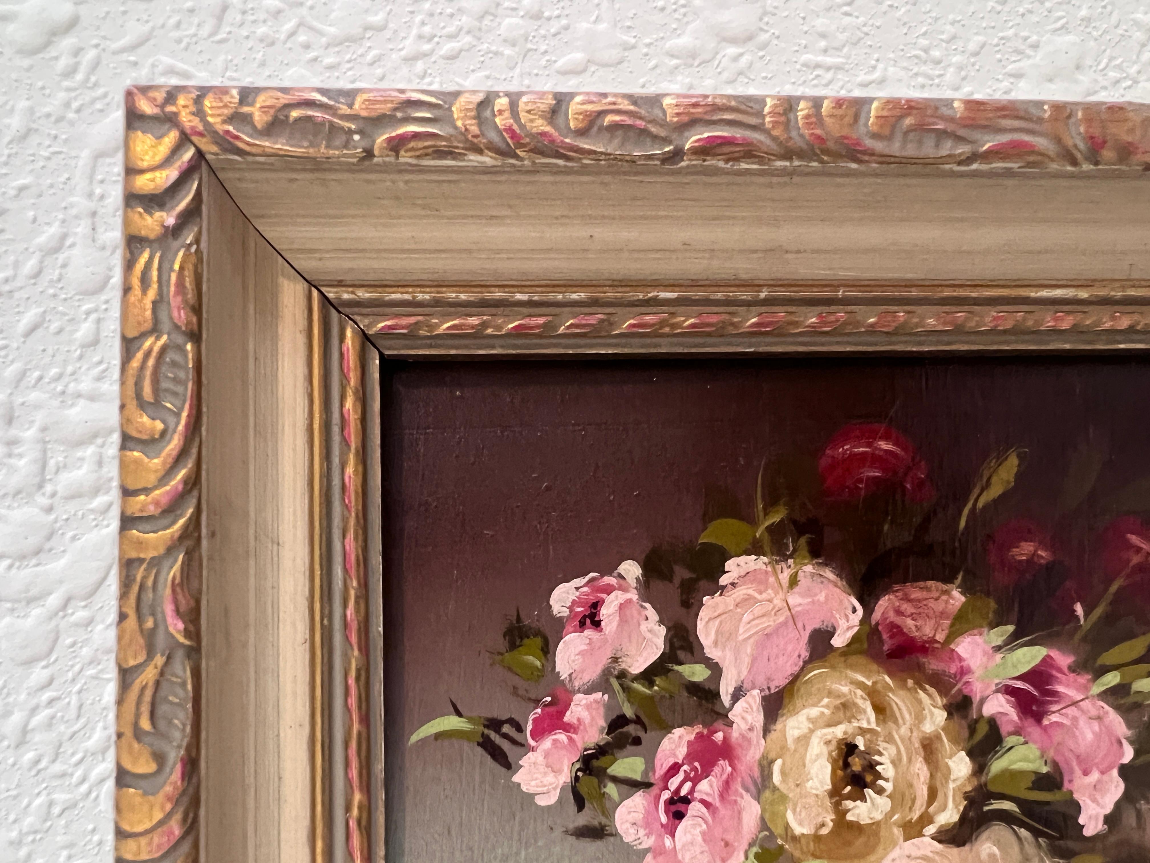 A&M. Petite peinture à l'huile vintage sur panneau, nature morte, fleurs, encadrée 1