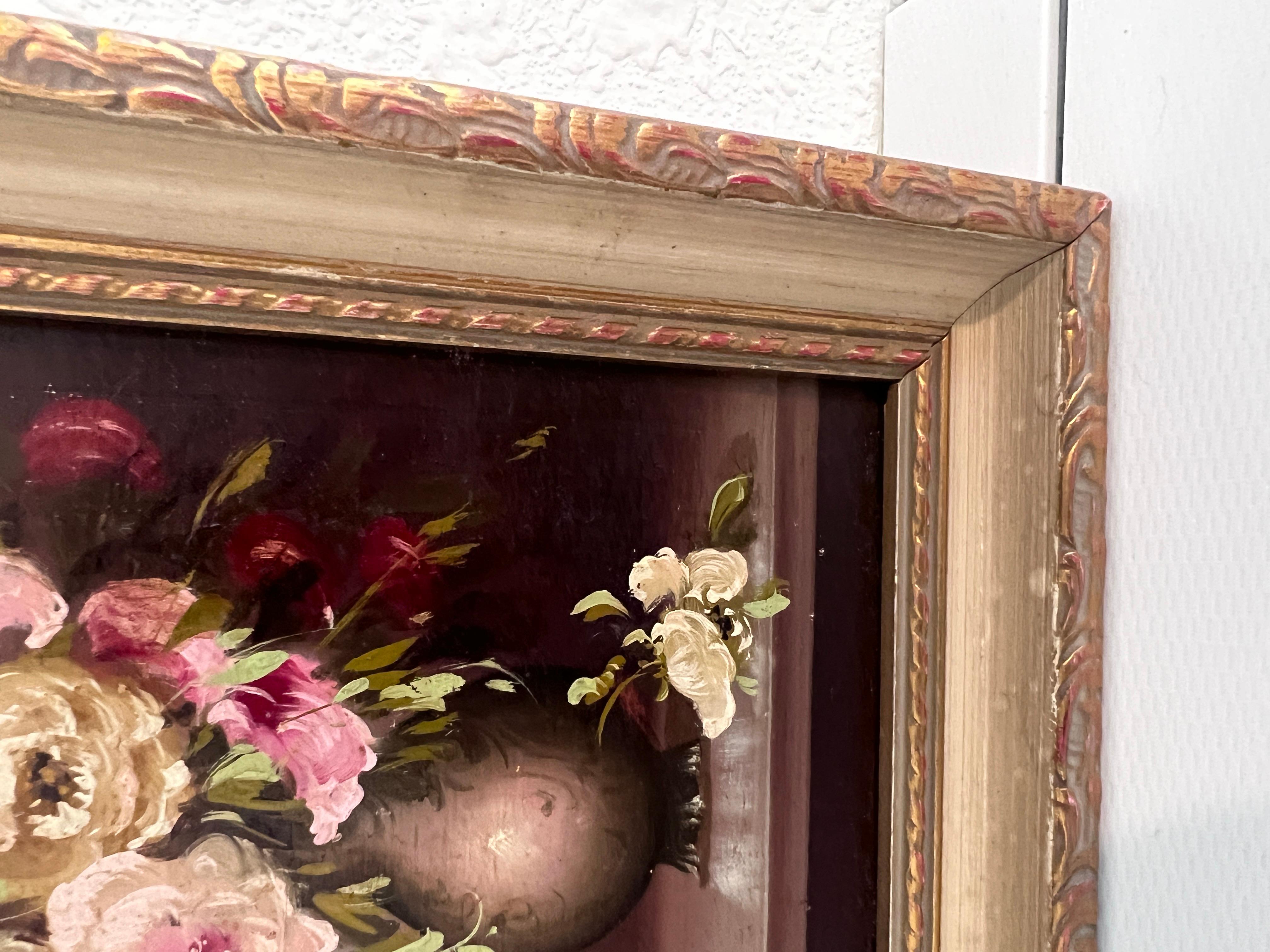 A&M. Petite peinture à l'huile vintage sur panneau, nature morte, fleurs, encadrée 2