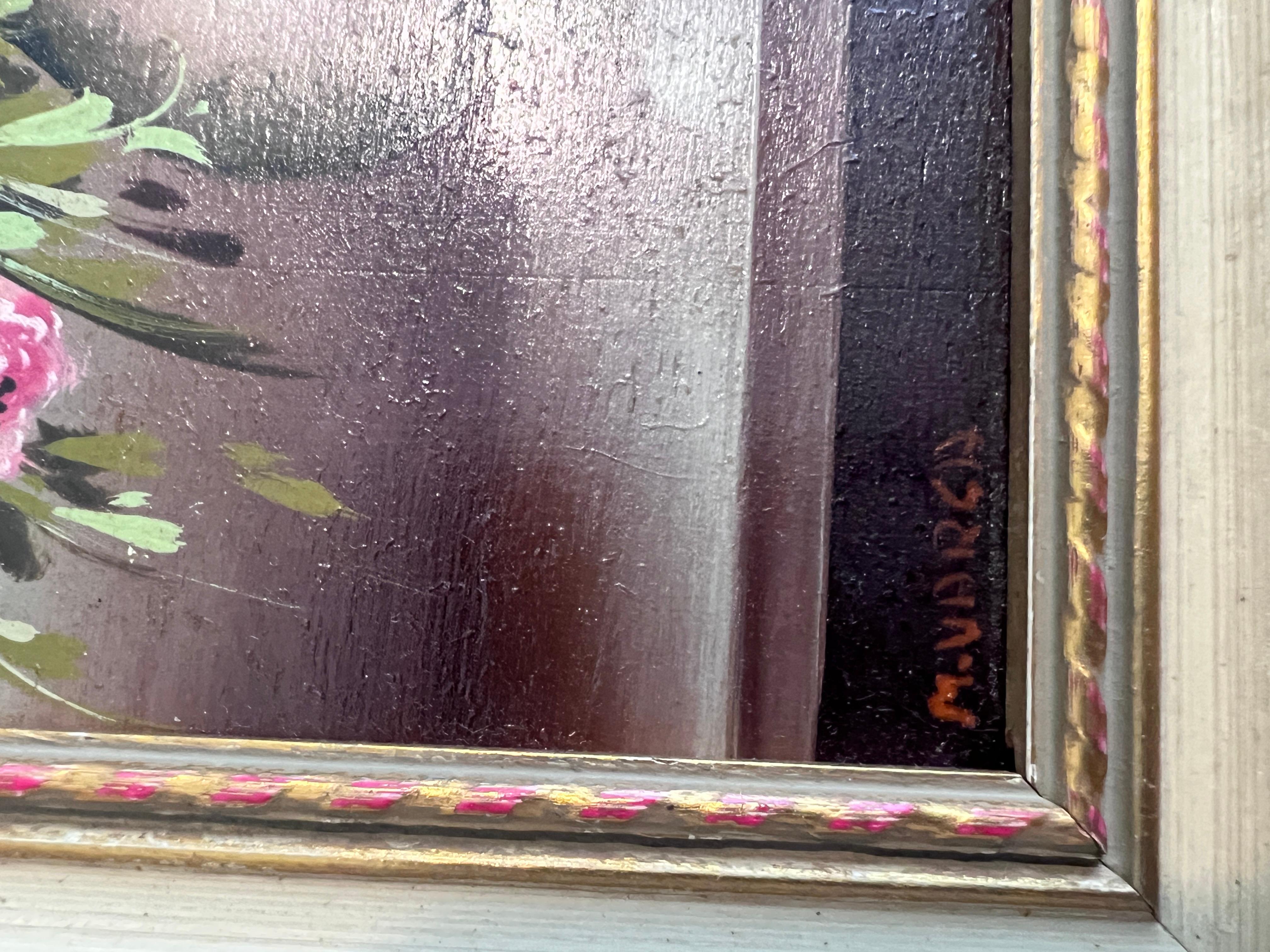 A&M. Petite peinture à l'huile vintage sur panneau, nature morte, fleurs, encadrée 3