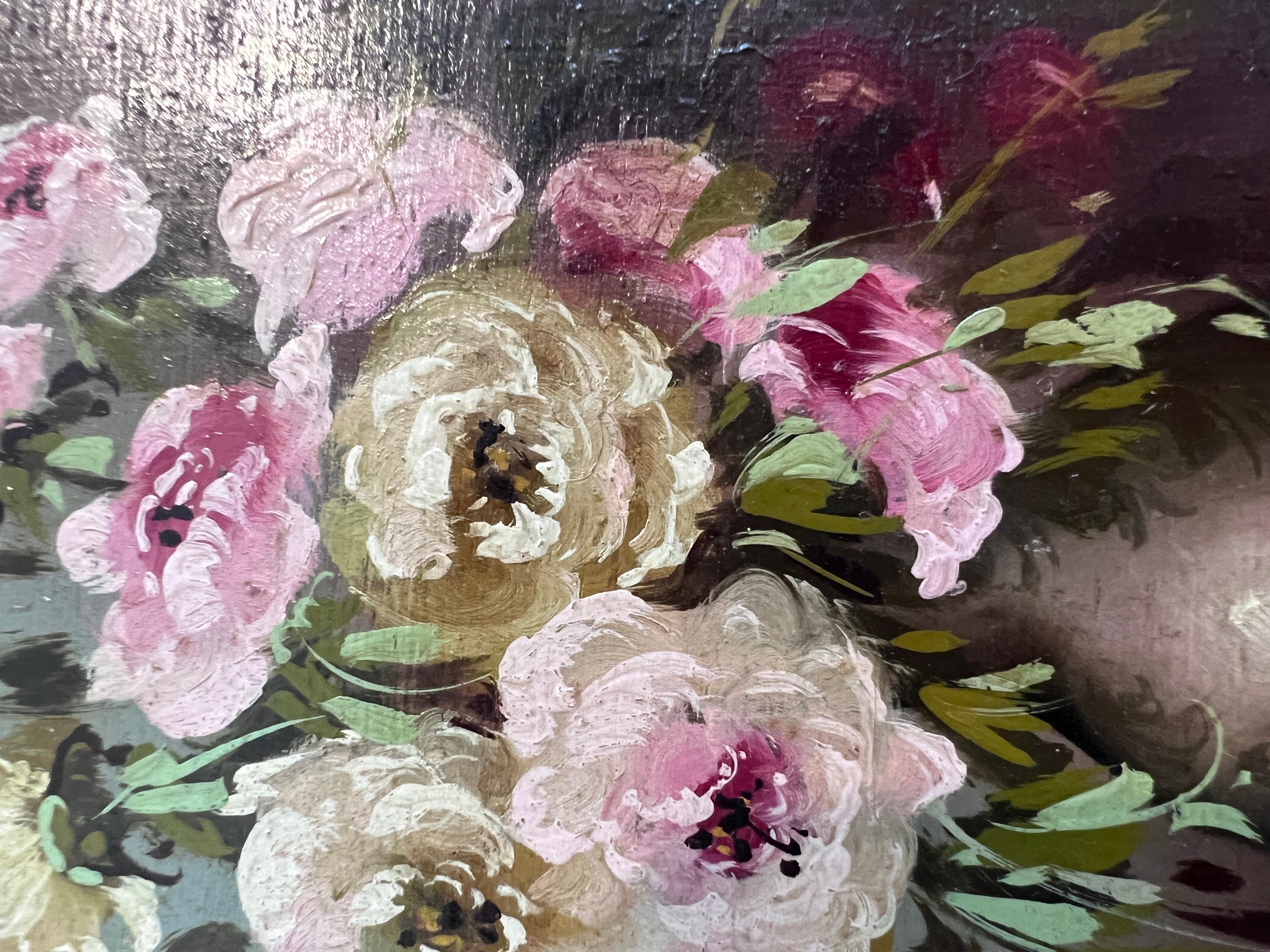 A&M. Petite peinture à l'huile vintage sur panneau, nature morte, fleurs, encadrée 4