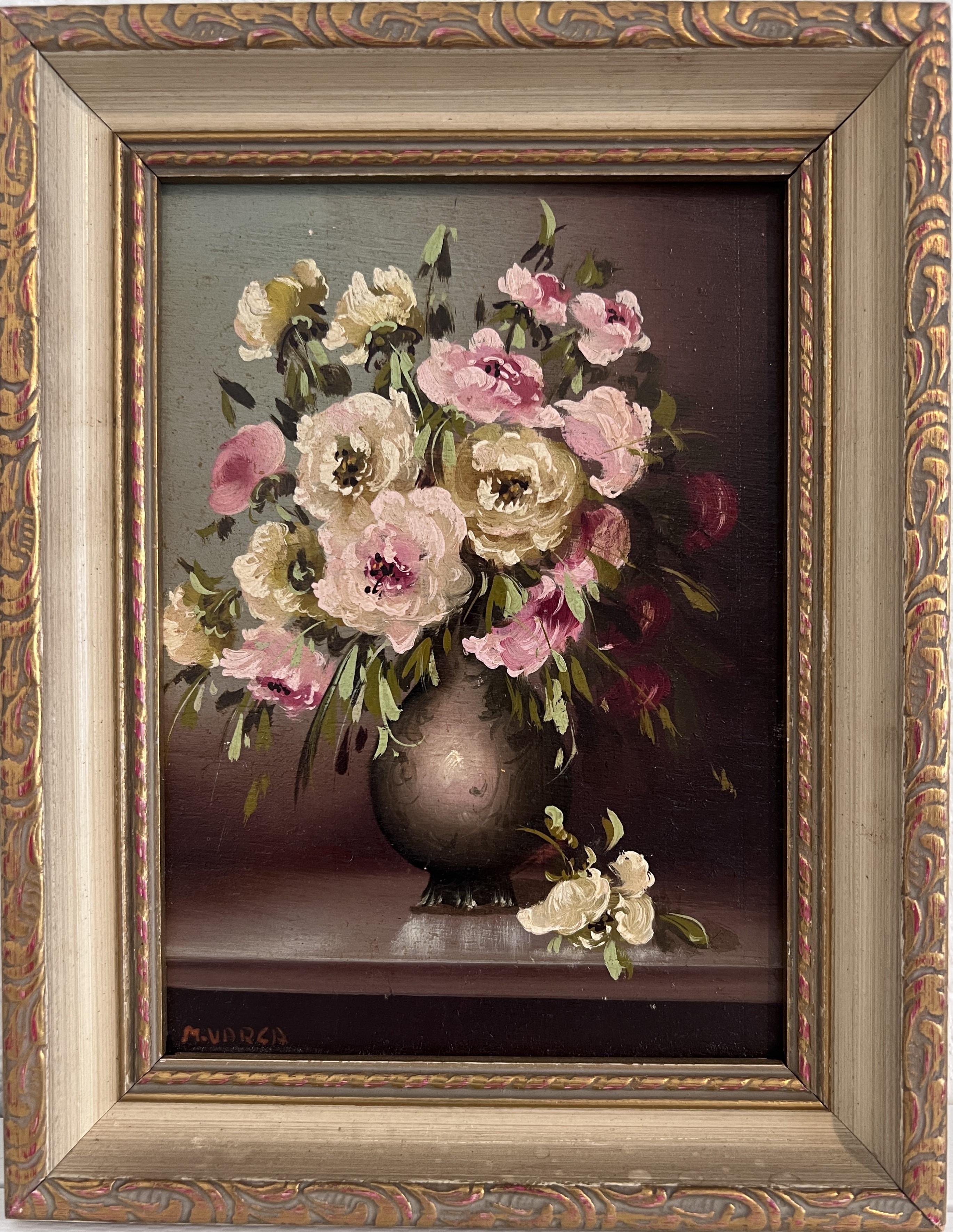Still-Life Painting M.Varga - A&M. Petite peinture à l'huile vintage sur panneau, nature morte, fleurs, encadrée