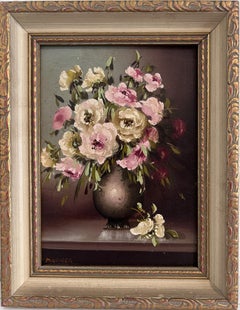 A&M. Petite peinture à l'huile vintage sur panneau, nature morte, fleurs, encadrée