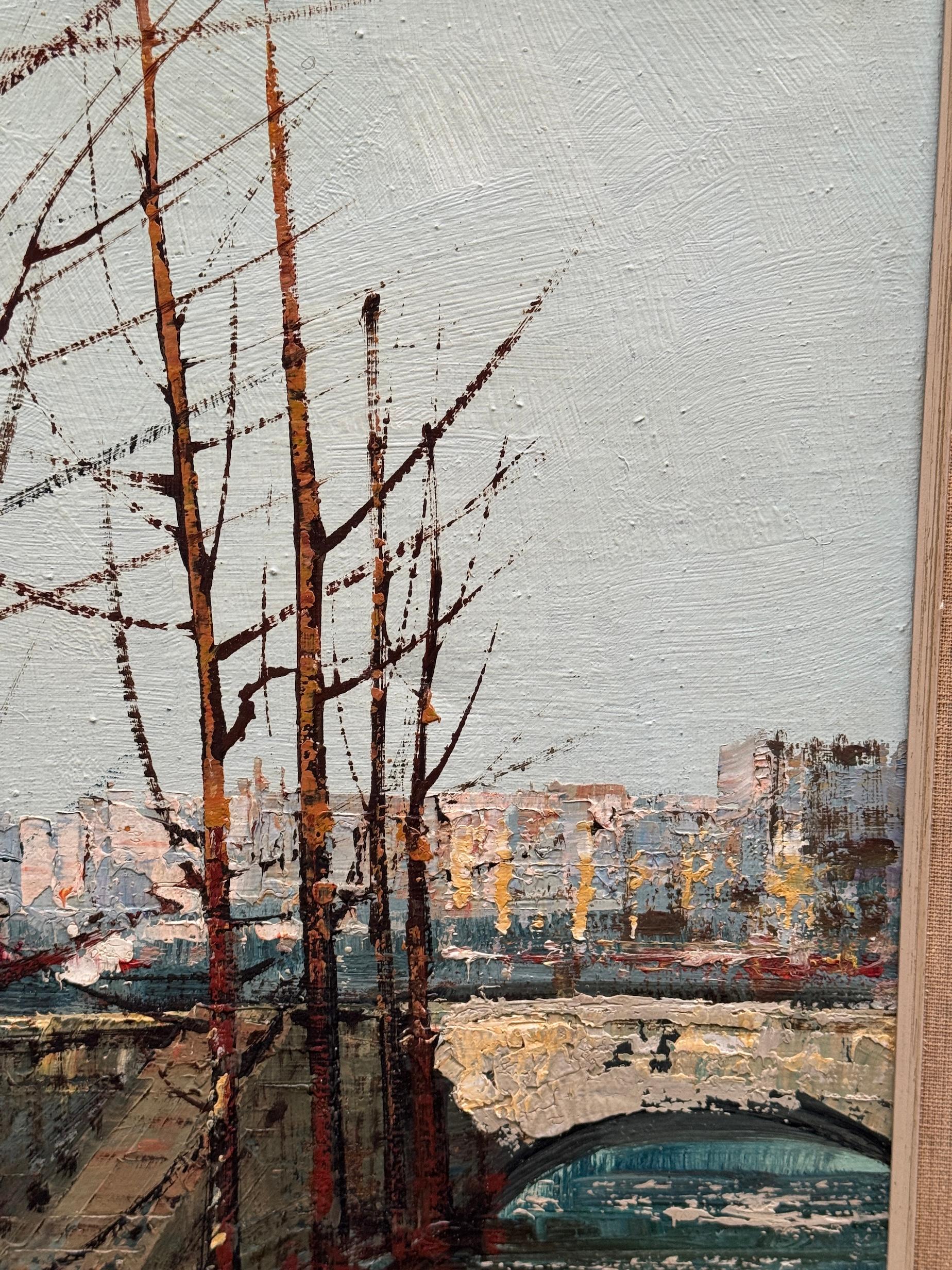 Escena urbana impresionista del siglo XX de París desde el Sena - Painting de M.Verani