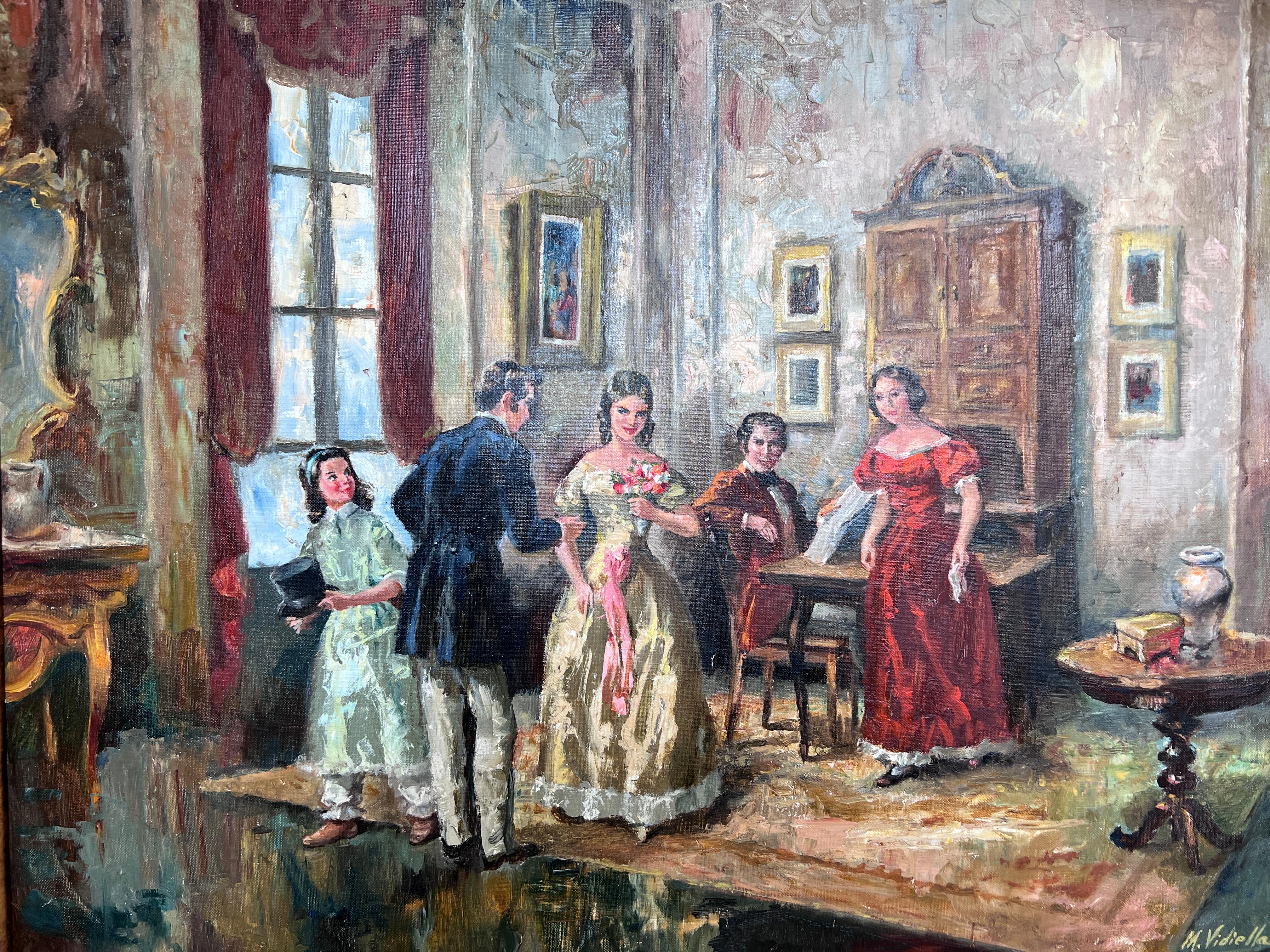 M. Vidiella (Europe 20C) Oil painting on canvas, Genre Scene, Amazing Frame - Impressionist Painting by M.Vidiella
