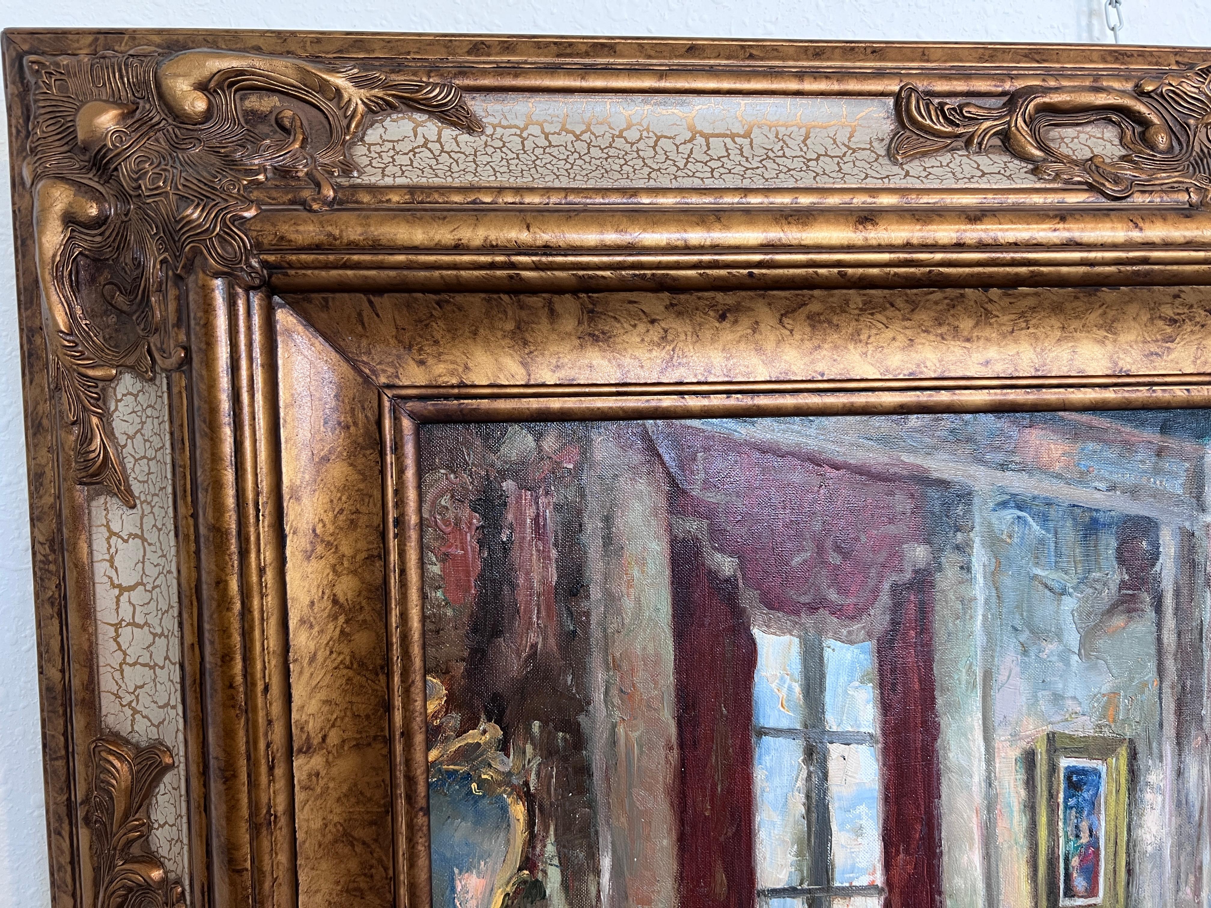 This painting portrays a refined 19th-century interior scene, where a group of elegantly dressed individuals gathers in an opulent drawing room. The richly decorated space, adorned with classic furniture, heavy draperies, and ornate wall