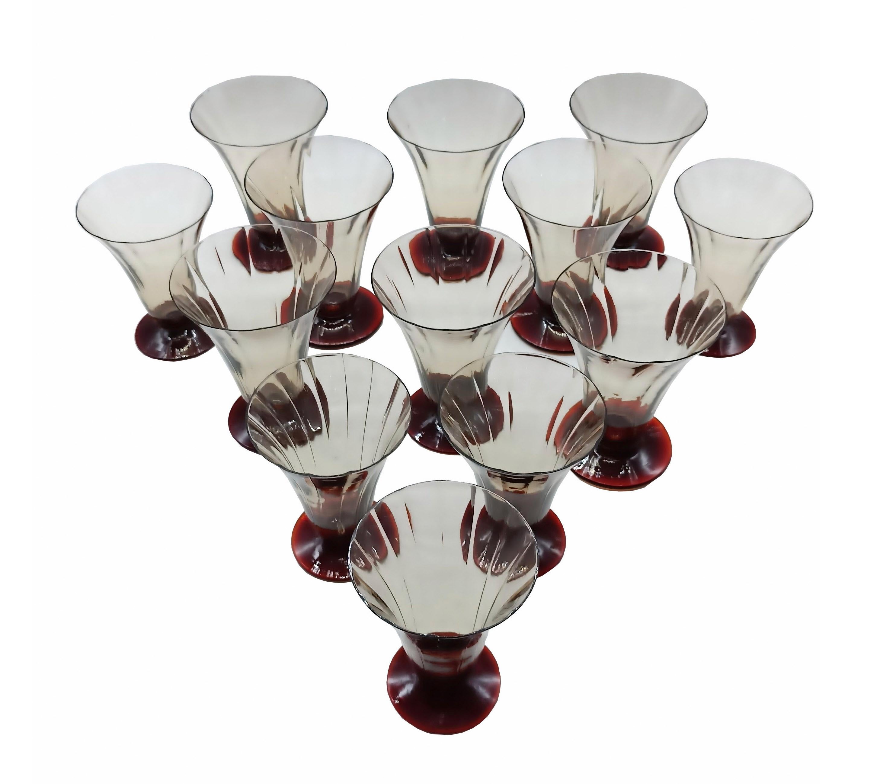 Italian MVM Cappellin Set of 12 Art Deco' Murano Glass Goblets, Italy 1930s For Sale