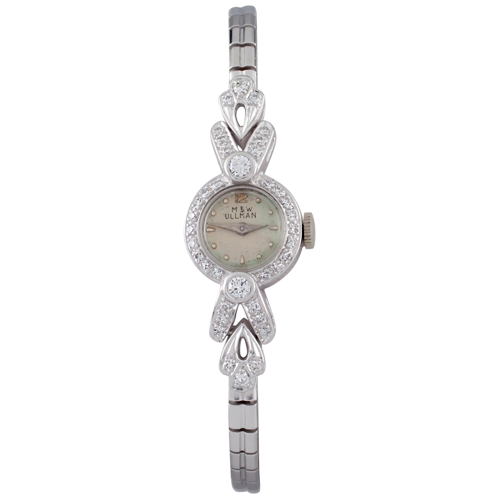M&W Ullman Platinum Hand-Winding Women's Dress Watch with Diamonds For Sale