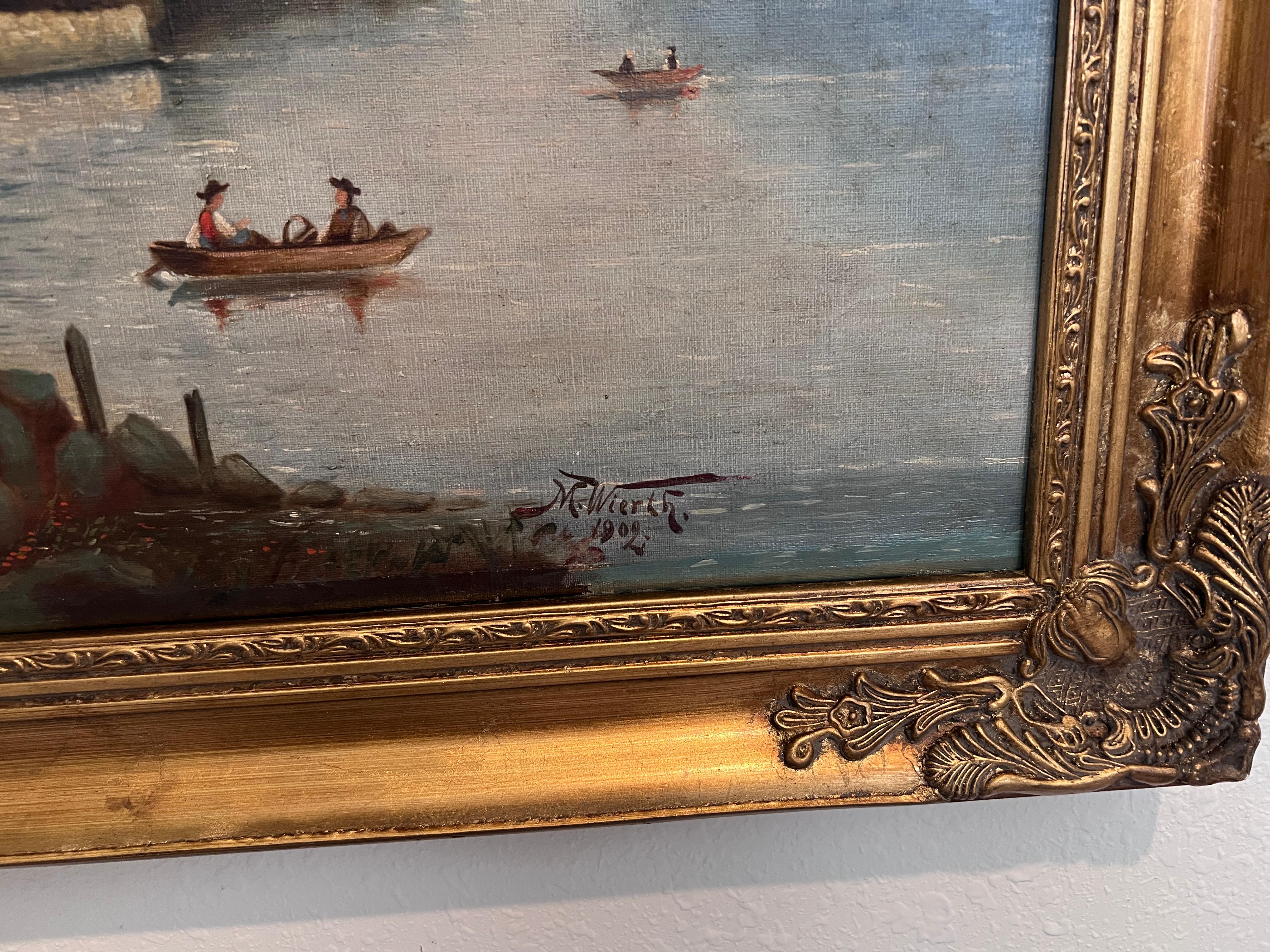 1902 M. Wierth Gran óleo antiguo original sobre lienzo, Paisaje, Enmarcado en venta 2