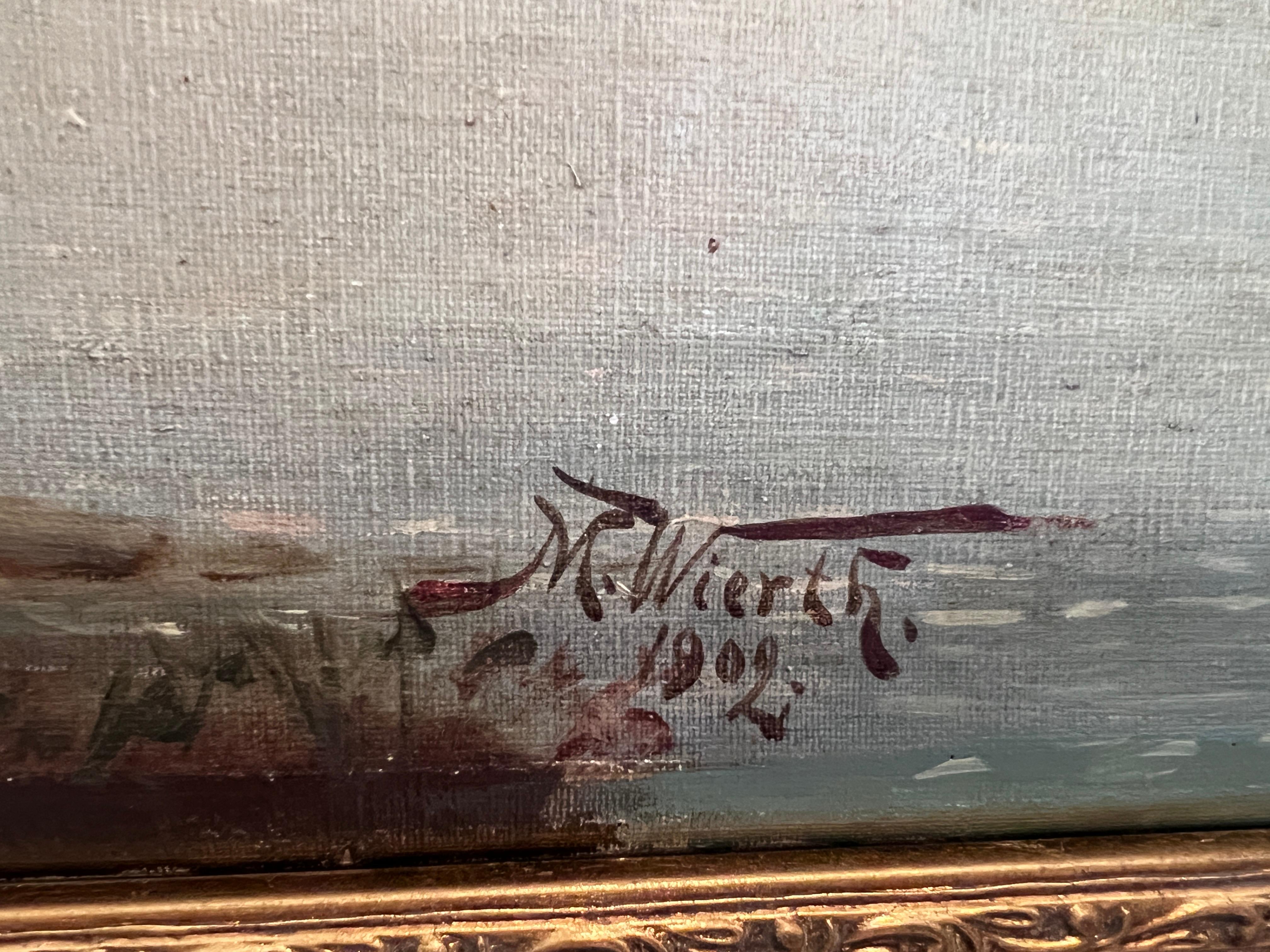 1902 M. Wierth Gran óleo antiguo original sobre lienzo, Paisaje, Enmarcado en venta 3