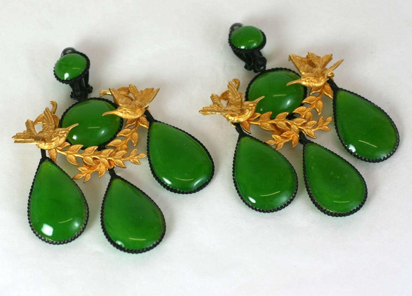 Oversized Girandole Garland Earrings handmade in the Parisian studios of MWLC. An late 18th century classic form reworked in blackened and gilt metal with opaline lime green pate de verre poured glass. A garland of gilt songbirds completes the