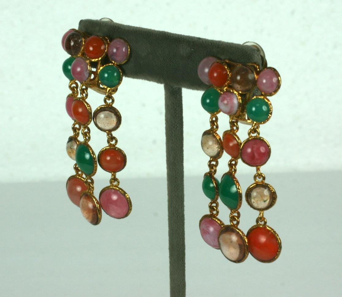 MWLC Harlequin multicolored pastille drop ear clips of poured glass in pastel tones set in gilt bronze. Completely handmade in the Parisian studios of Mark Walsh Leslie Chin. 
Clip back fittings. 2