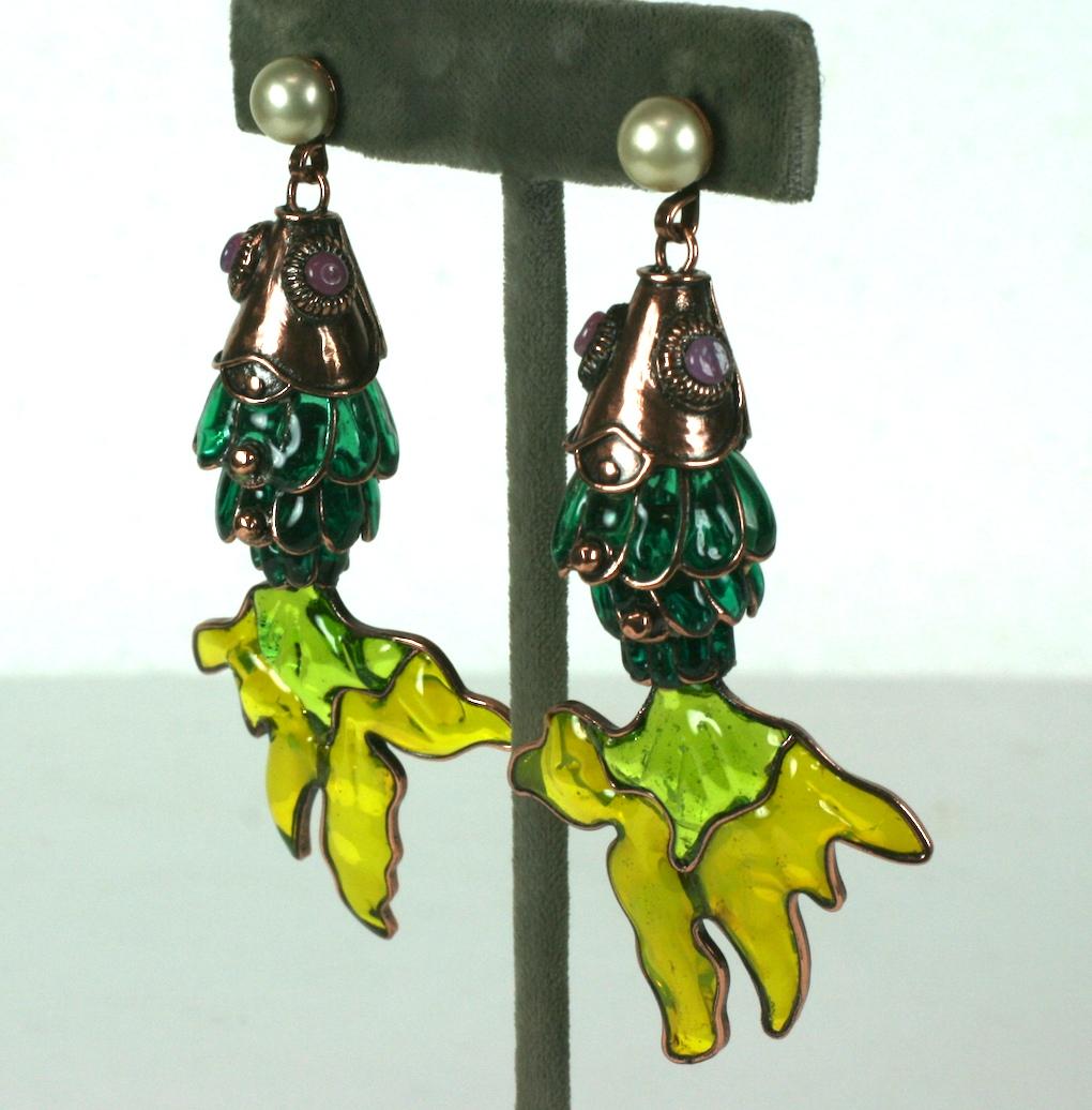 MWLC Poured Glass Koi Fish Earrings, completely handmade in the Parisian studios of Mark Walsh Leslie Chin. Articulated to move with wearer with vibrant transparent colorations in emerald, lemon and lime pate de verre glass. 
Faux Pearl post