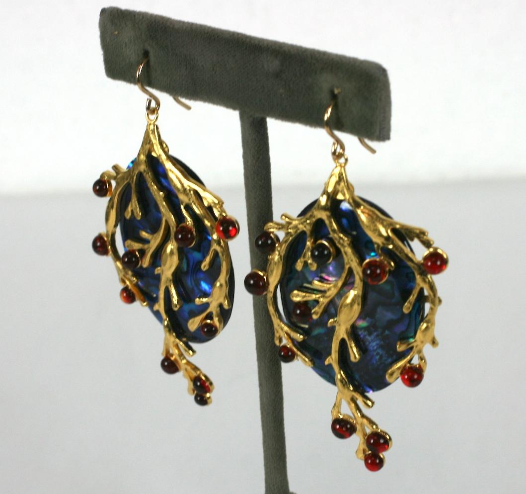 MWLC poured glass  enamel  seaweed long drop earrings of gilt bronze metal with poured ruby glass cabochons, mounted on a hand cut blue abalone shell.
Hand made in the Parisian studios of Mark Walsh Leslie Chin.
Excellent Condition
Signed MWLC. 
