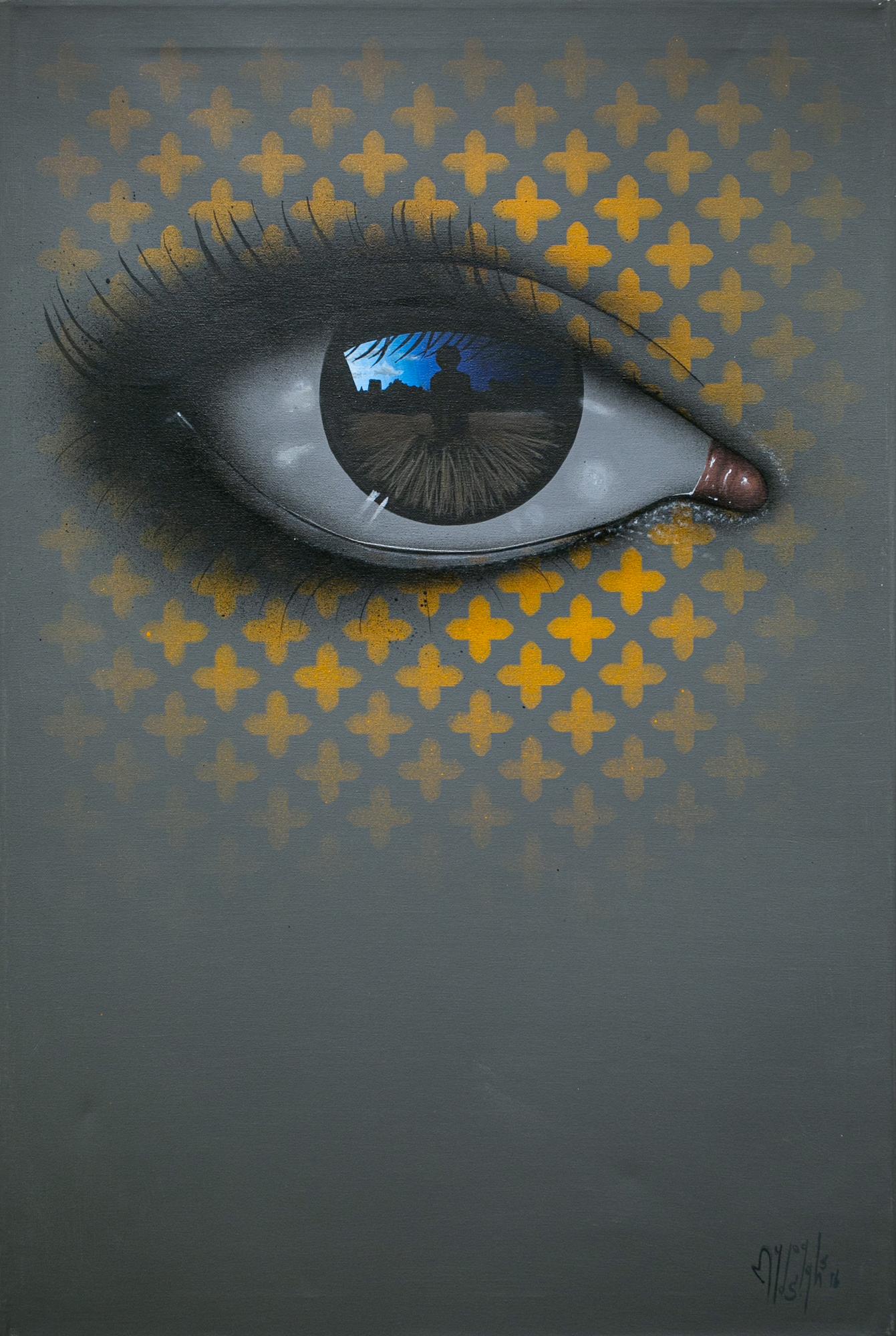 "Digital Fields (Orange)", Eye, Acrylic Painting, Spray Paint, Figurative