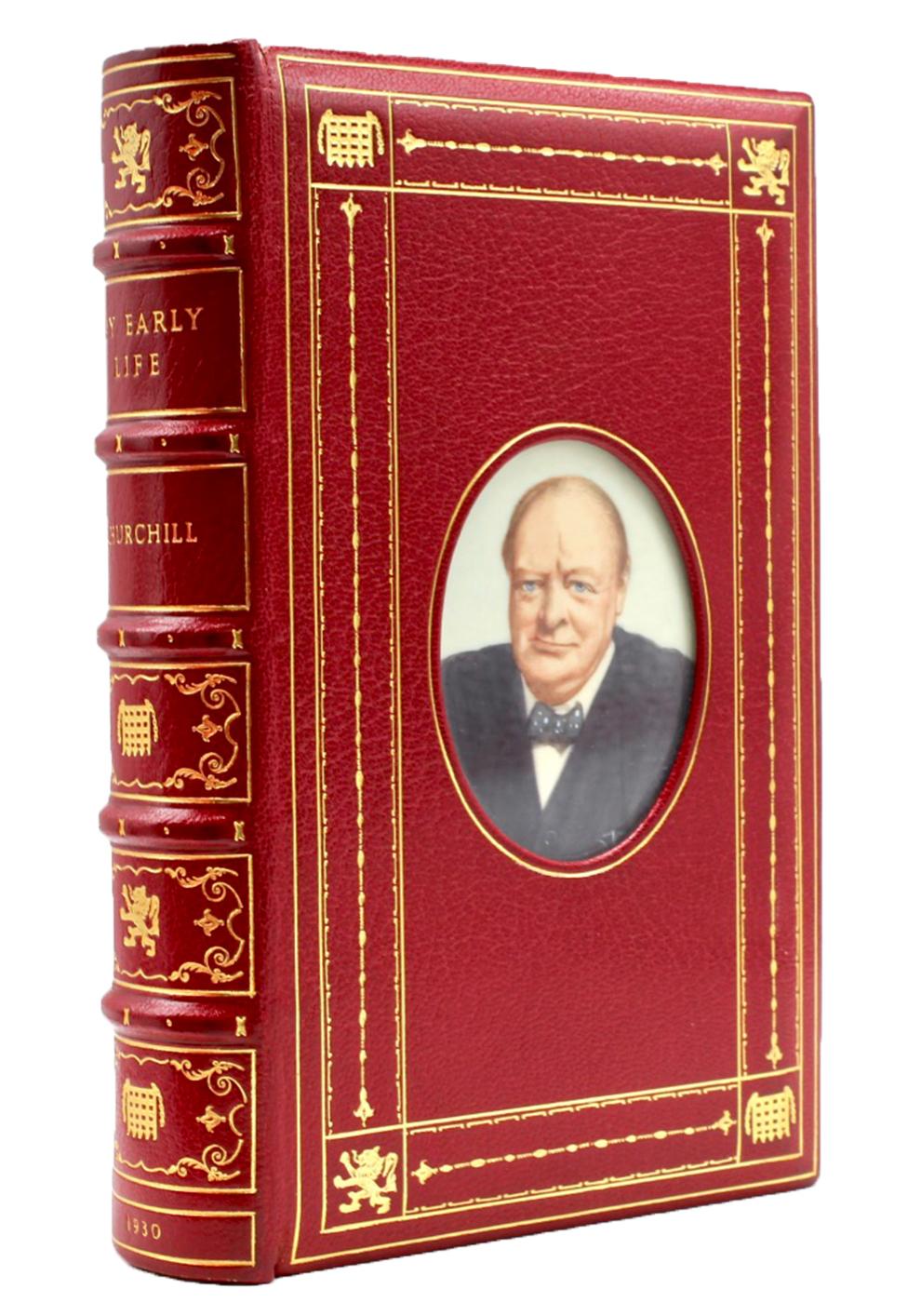 Churchill, Winston. My Early Life: A Roving Commission. London: Thornton Butterworth Limited, 1930. First edition, first printing. Octavo. Bound in full red crushed Morocco leather with Cosway-style portrait of Churchill, elaborate gilt tooling and
