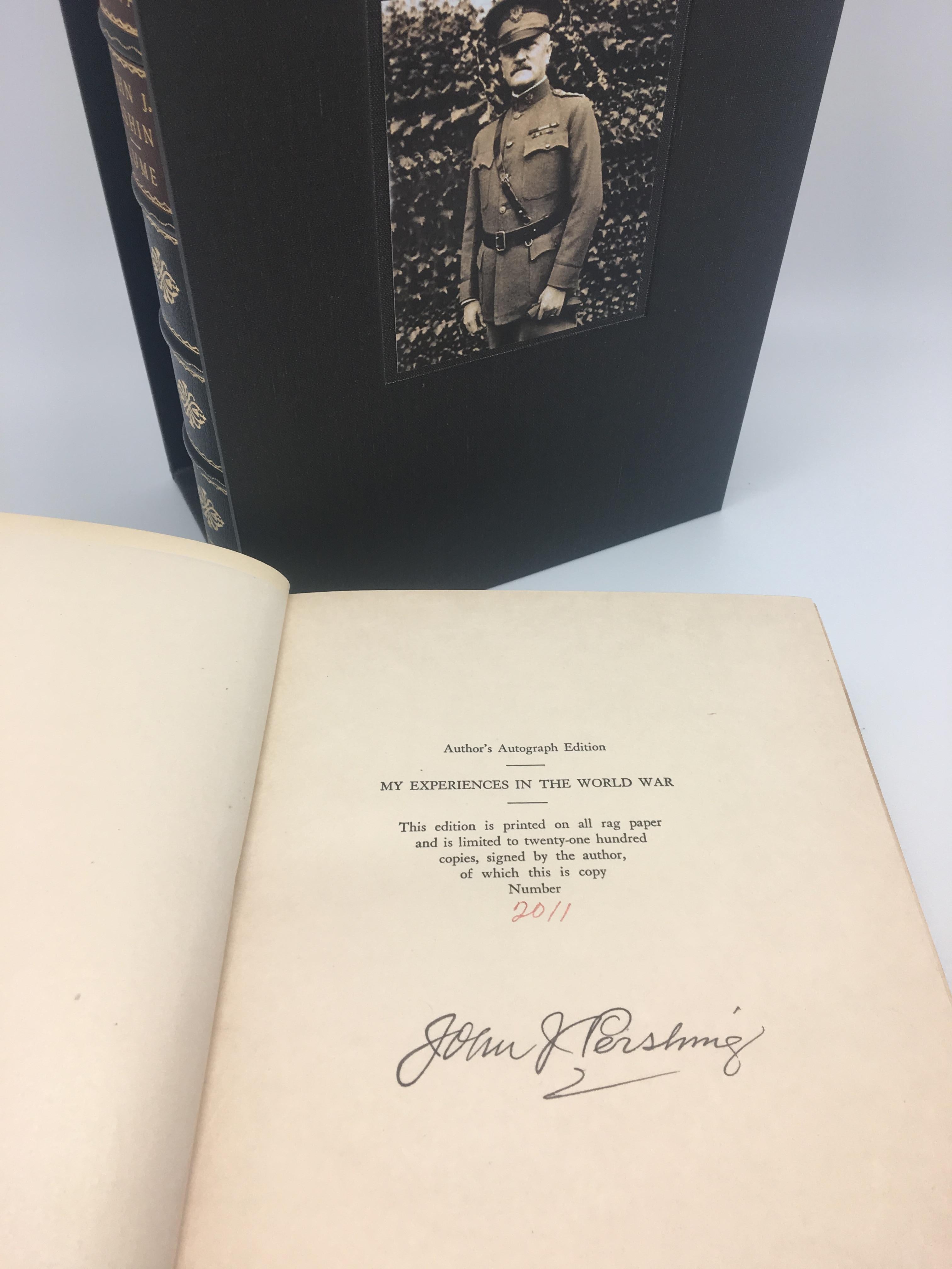 My Experiences in the World War by John Pershing, Signed Limited Edition. Two Volume Set, 1931
 
Pershing, John, My Experiences in the World War. New York: Frederick A. Stokes, 1931. Signed limited edition, two volume set. Octavo, bound in quarter