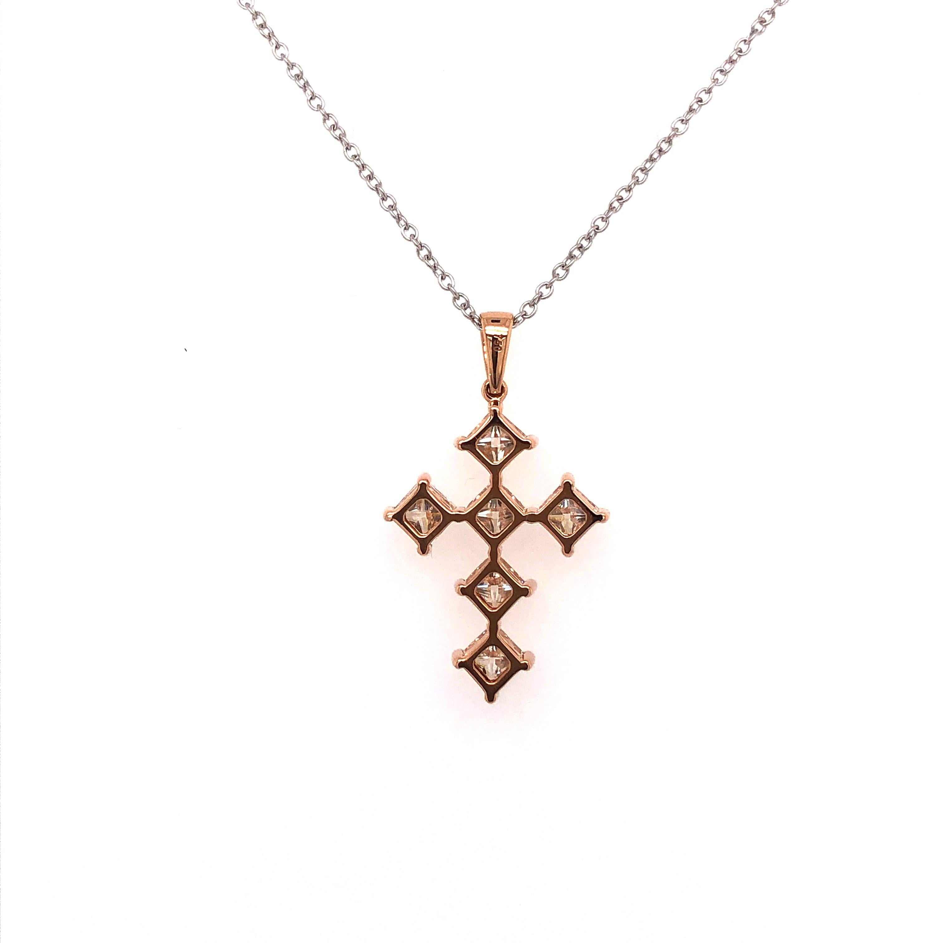 Asscher Cut My Girl Diagonal Cross Pendant in 18 Karat Rose Gold Set with Diamonds For Sale