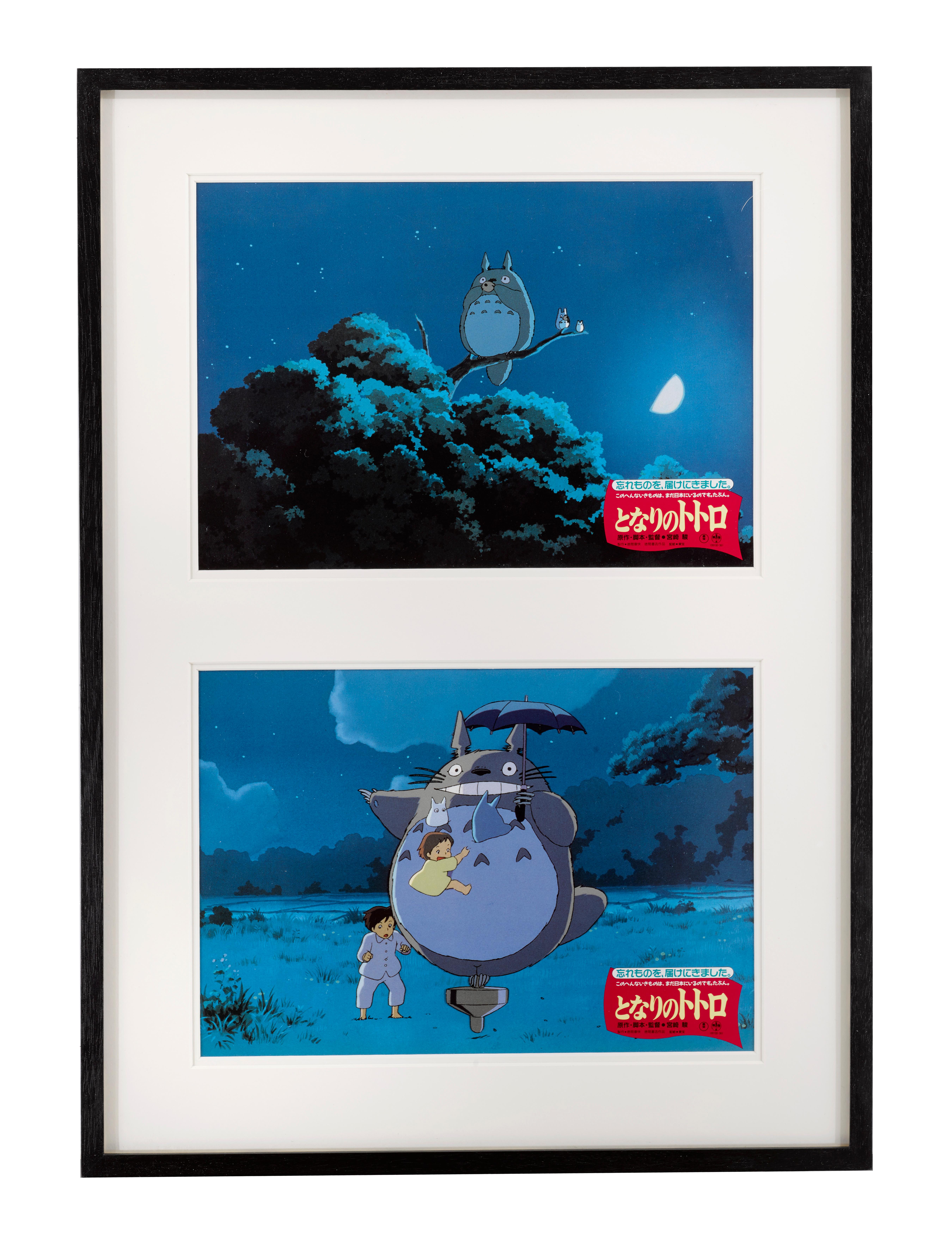 Two original Japanese lobby cards poster for the 1988 studio Ghibli animation.
Hayao Miyazaki, one of the founders of Studio Ghibli, wrote and directed this film. Studio Ghibli, which was founded in 1985, has been responsible for making so many