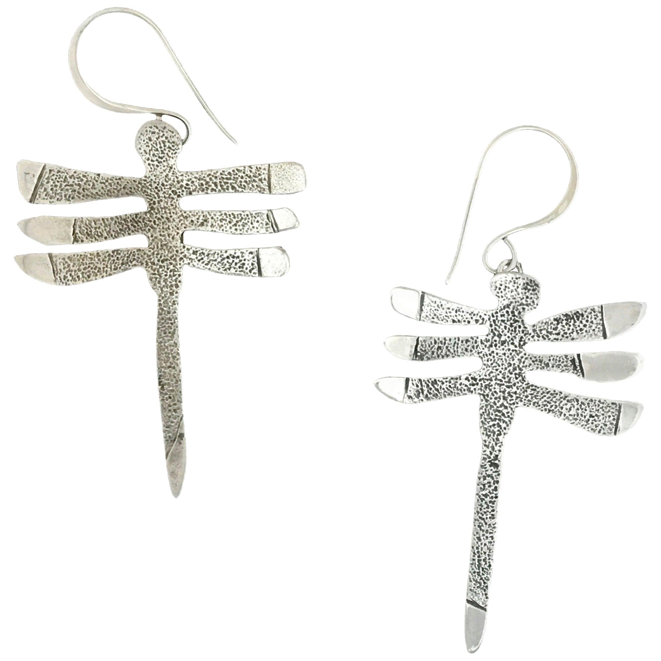 My Protectors, Melanie Yazzie, three winged dragonfly, earrings, silver, Navajo  For Sale