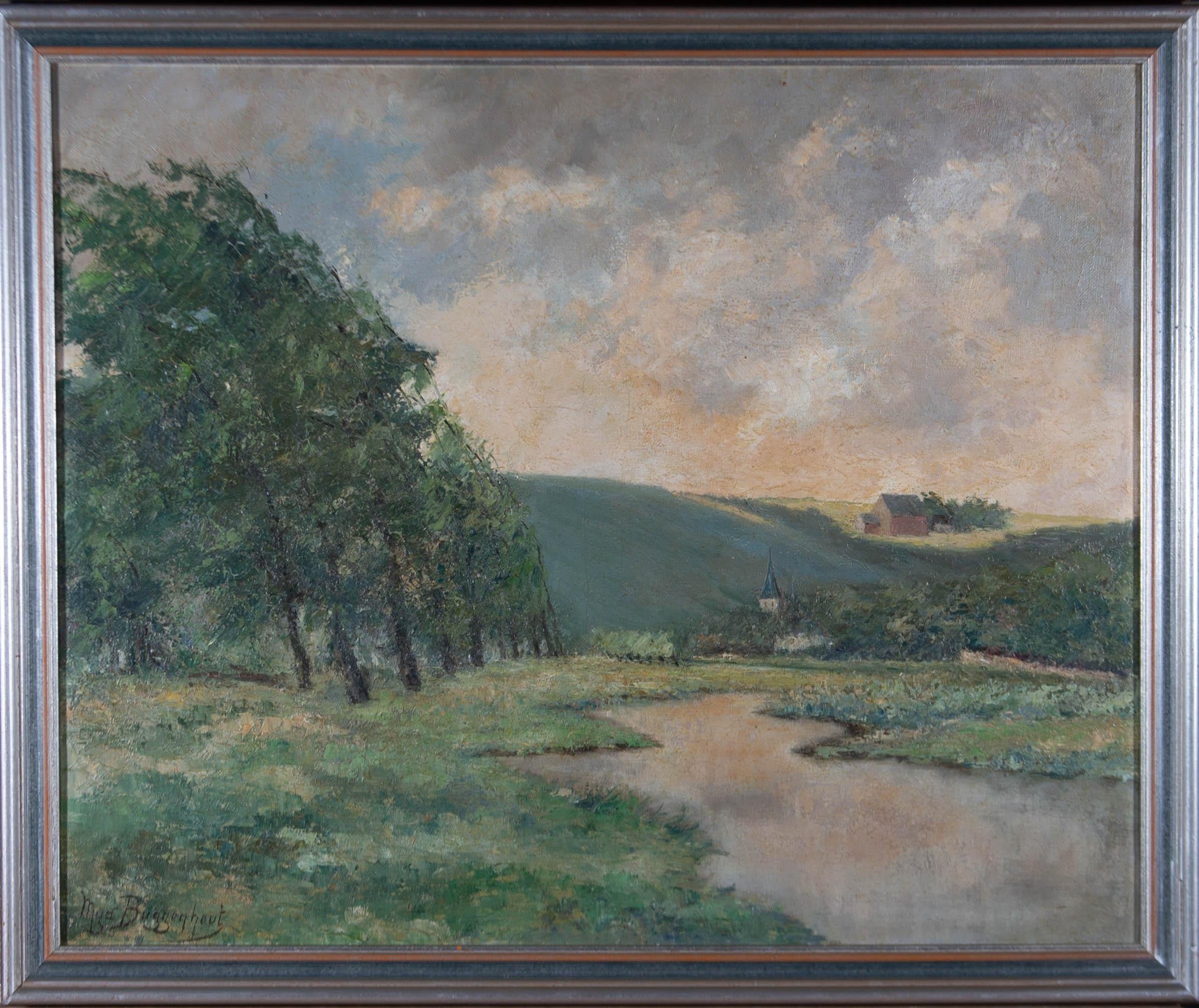 An impressionistic landscape featuring windswept trees and a church spire in the distance. Presented in a silver gilt-effect wooden frame. Signed to the lower-left edge. Inscribed with the title and initialled on the verso. On canvas on stretchers.
