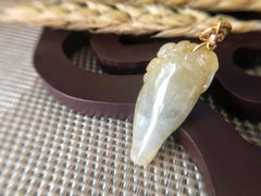 Myanmar Honey Yellow Jade Pendant in 18K Gold Bail in Peach and Bat Carving