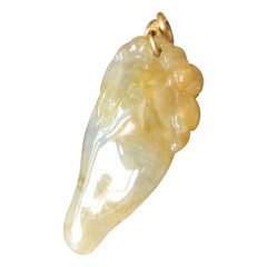 Myanmar Honey Yellow Jade Pendant in 18K Gold Bail in Peach and Bat Carving