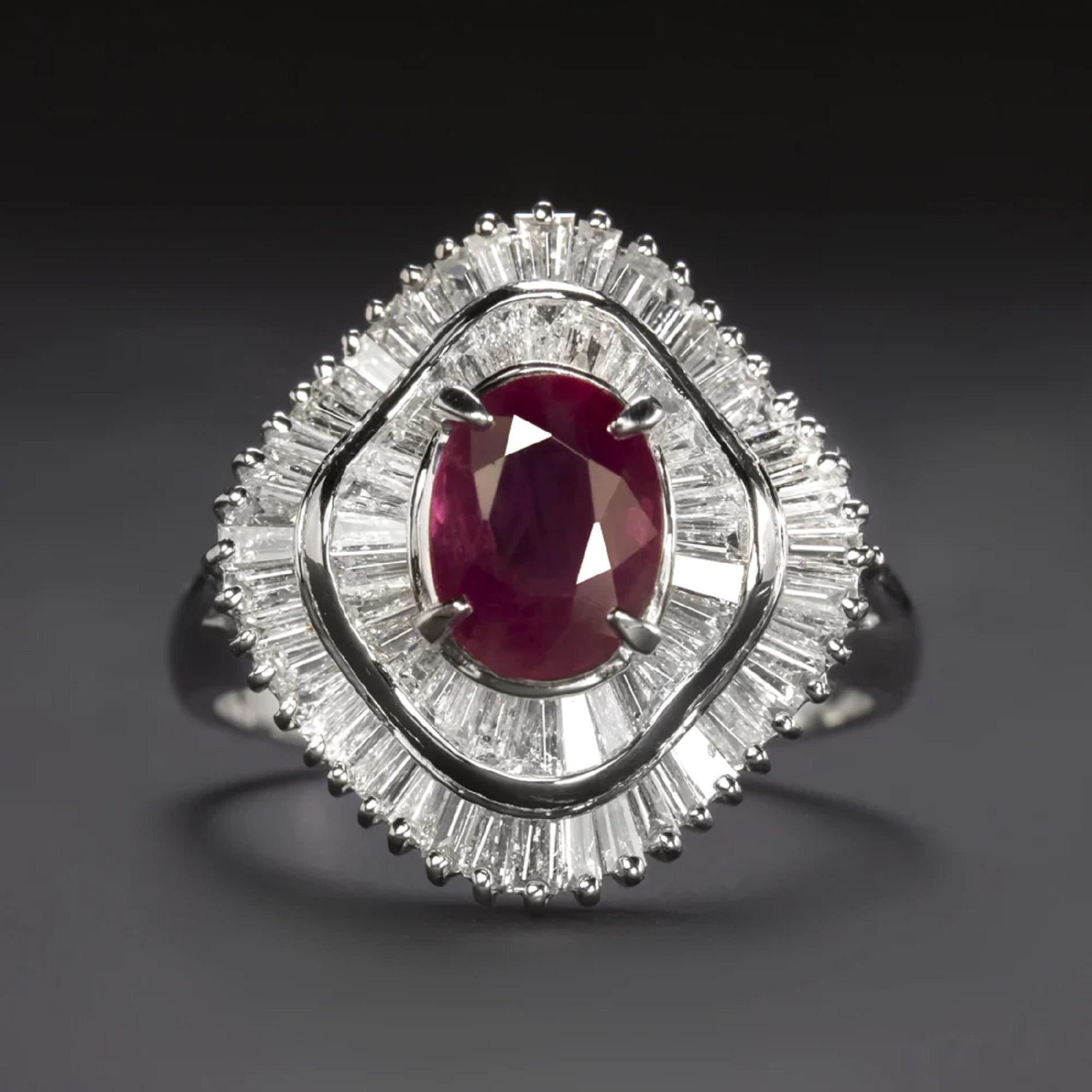  gorgeous cocktail ring has a head turning look with a rich red ruby center and 1.04ct of glittering diamonds set in a cascading ballerina design! Overall this is a high quality piece with GIA certification, a high quality ruby center, substantial