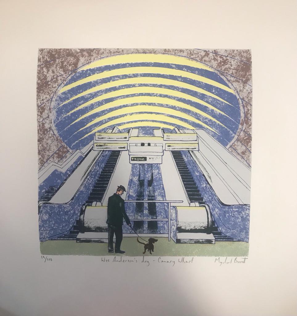 Limited edition screen print of a man and his dog in the Canary Wharf underground, London.

Additional information:
Mychael Barratt
Wes Anderson's Dog - Canary Wharf  [2023] 
Screen print on Paper
Edition of 100
Signed by artist
Complete size of