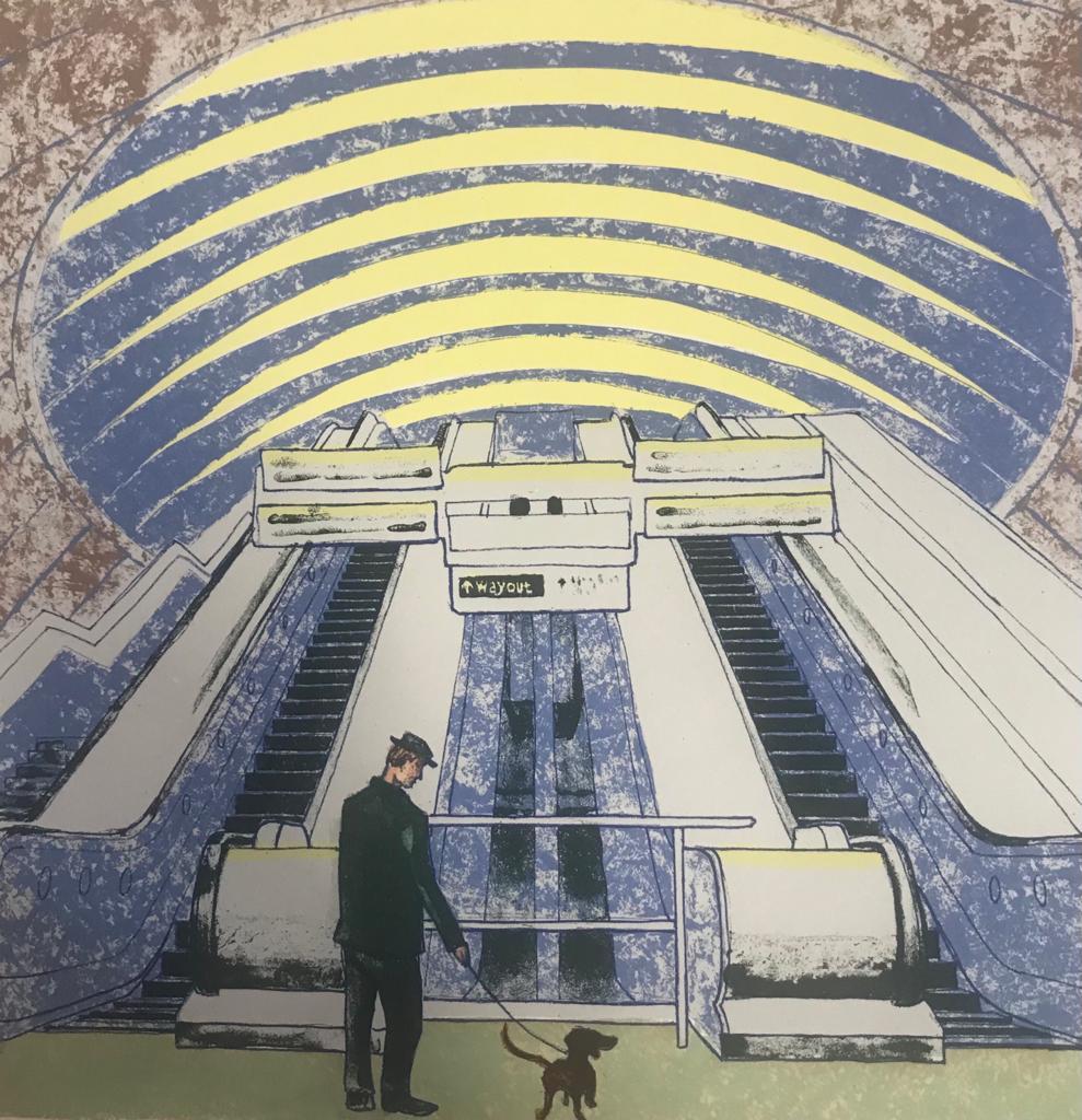 Mychael Barratt Interior Painting - Wes Anderson's Dog - Canary Wharf, London art, Underground, Animal art