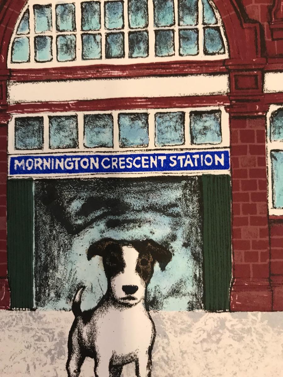 Wes Anderson's Dog - Mornington Crescent, London art, Underground, Animal art - Contemporary Painting by Mychael Barratt