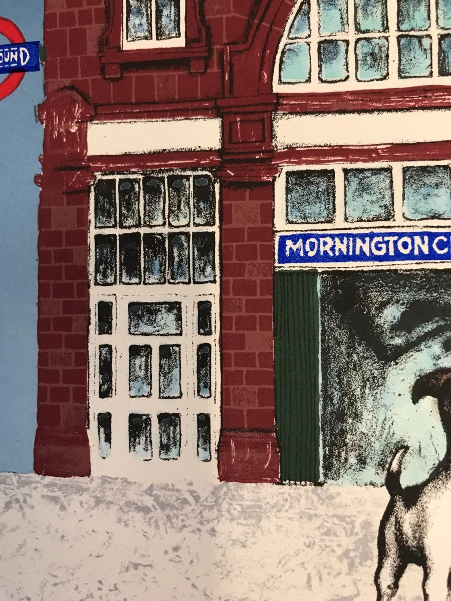 Wes Anderson's Dog - Mornington Crescent, London art, Underground, Animal art - Gray Still-Life Painting by Mychael Barratt