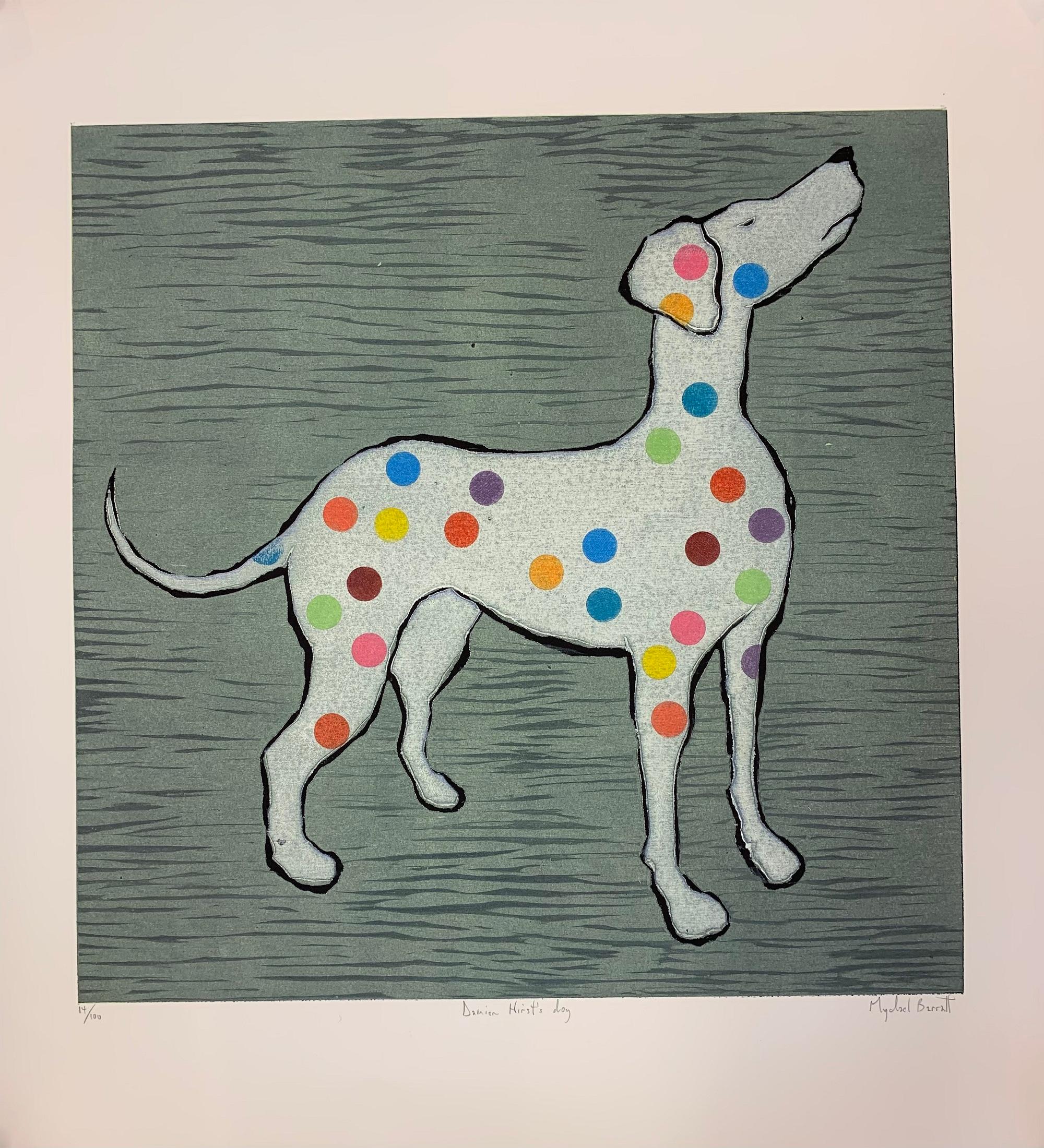 Damien Hirst's Dog, Pictures of Famous Artist's Pets, Damien Hirst Spots Style - Print by Mychael Barratt