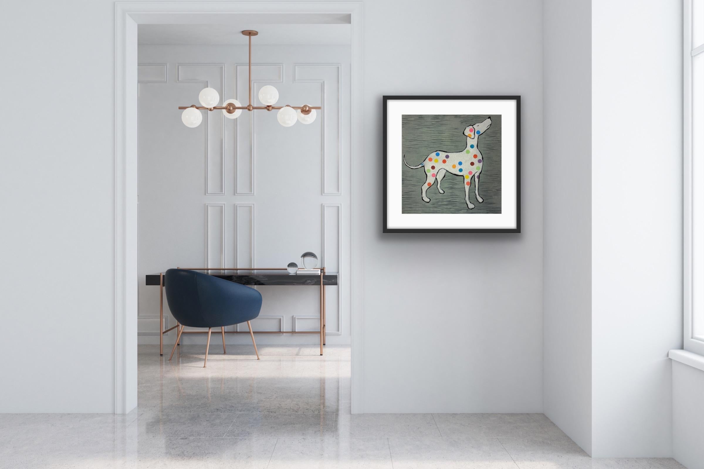 Damien Hirst's Dog, Pictures of Famous Artist's Pets, Damien Hirst Spots Style - Contemporary Print by Mychael Barratt