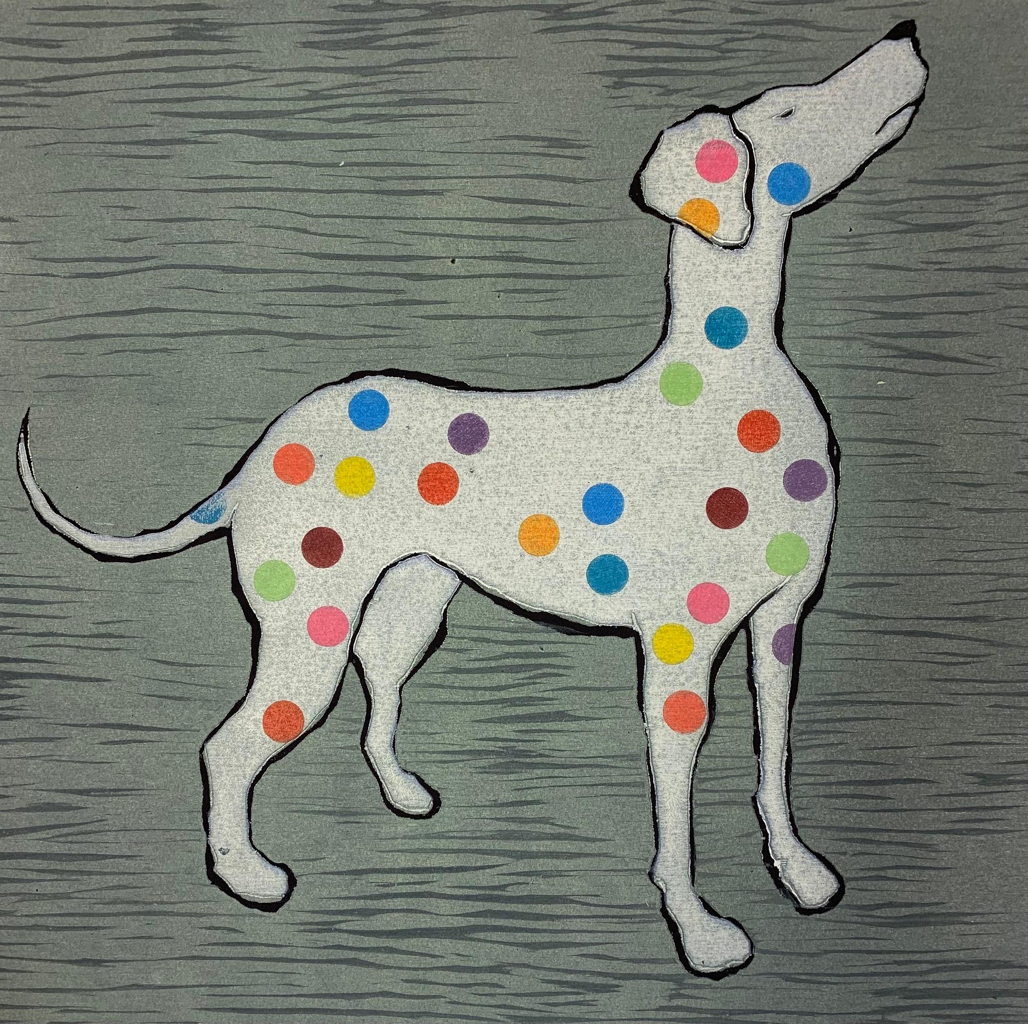 Mychael Barratt Animal Print - Damien Hirst's Dog, Pictures of Famous Artist's Pets, Damien Hirst Spots Style