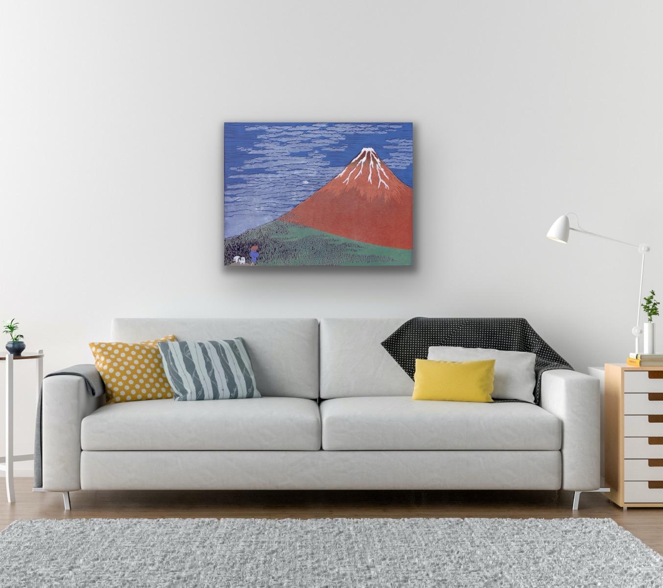 Hokusais Hund - Roter Fuji, Original, zeitgenössisch, Landschaft, Druck, Siebdruck – Print von Mychael Barratt