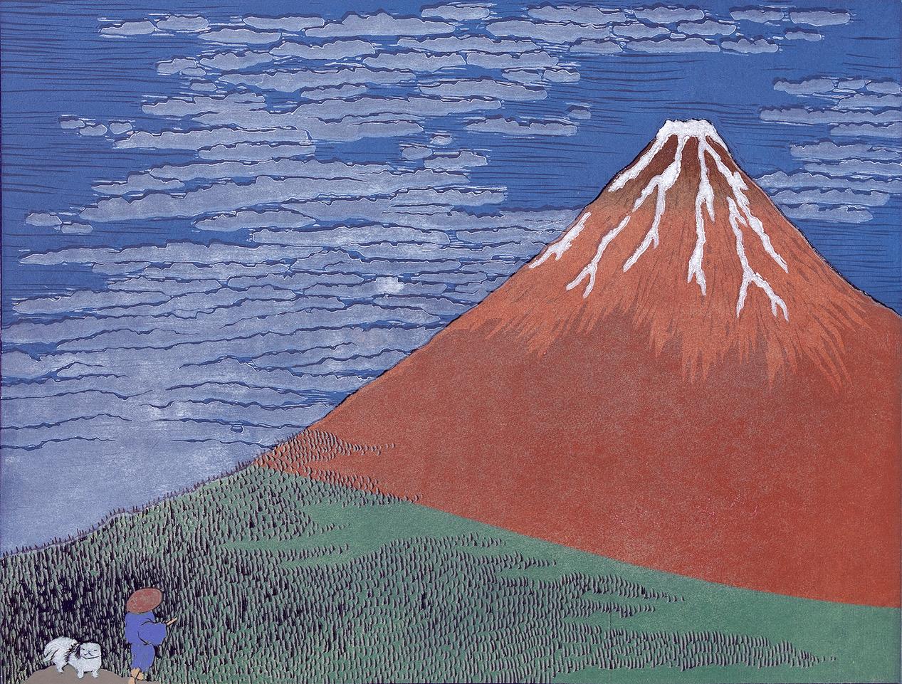 Mychael Barratt Animal Print – Hokusais Hund - Roter Fuji, Original, zeitgenössisch, Landschaft, Druck, Siebdruck