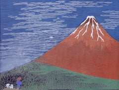 Hokusais Hund - Roter Fuji, Original, zeitgenössisch, Landschaft, Druck, Siebdruck