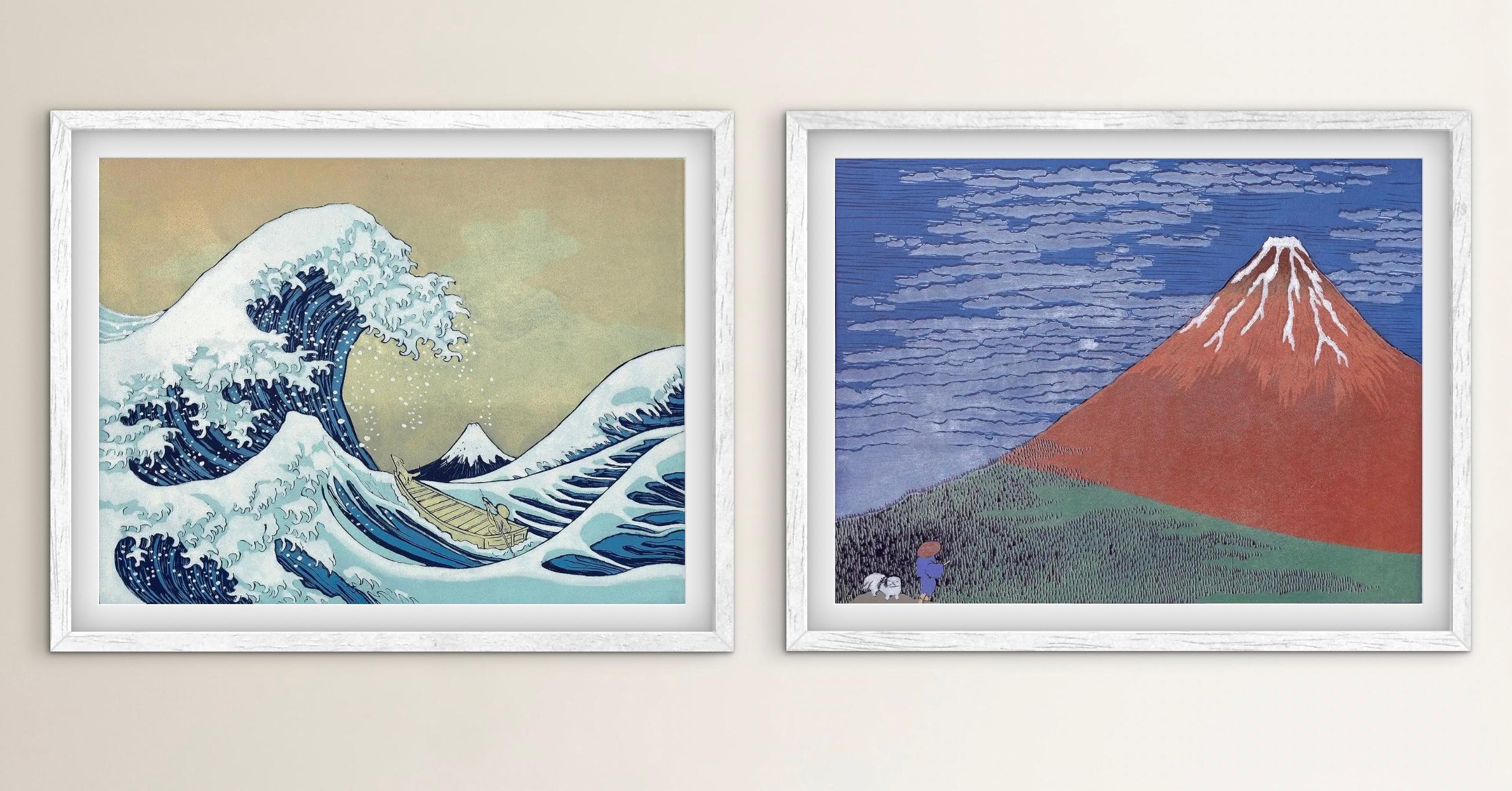 Landscape Print de Mychael Barratt - Perro de Hokusai - La Gran Ola y Perro de Hokusai - Fuji Rojo