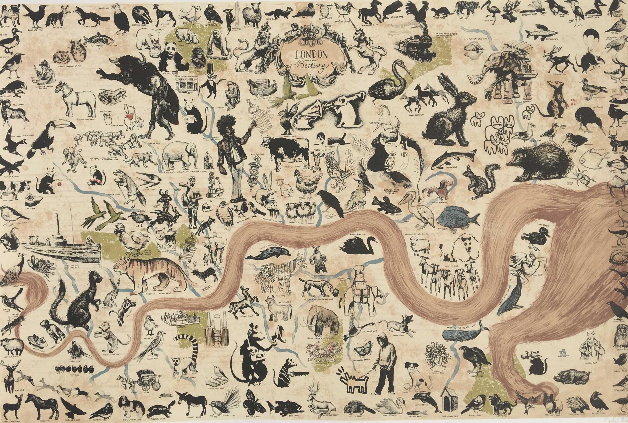 Bestiario de Londres, Impresión artística, Arte de animales, Arte contemporáneo, Figurativo - Figurative Print Beige de Mychael Barratt