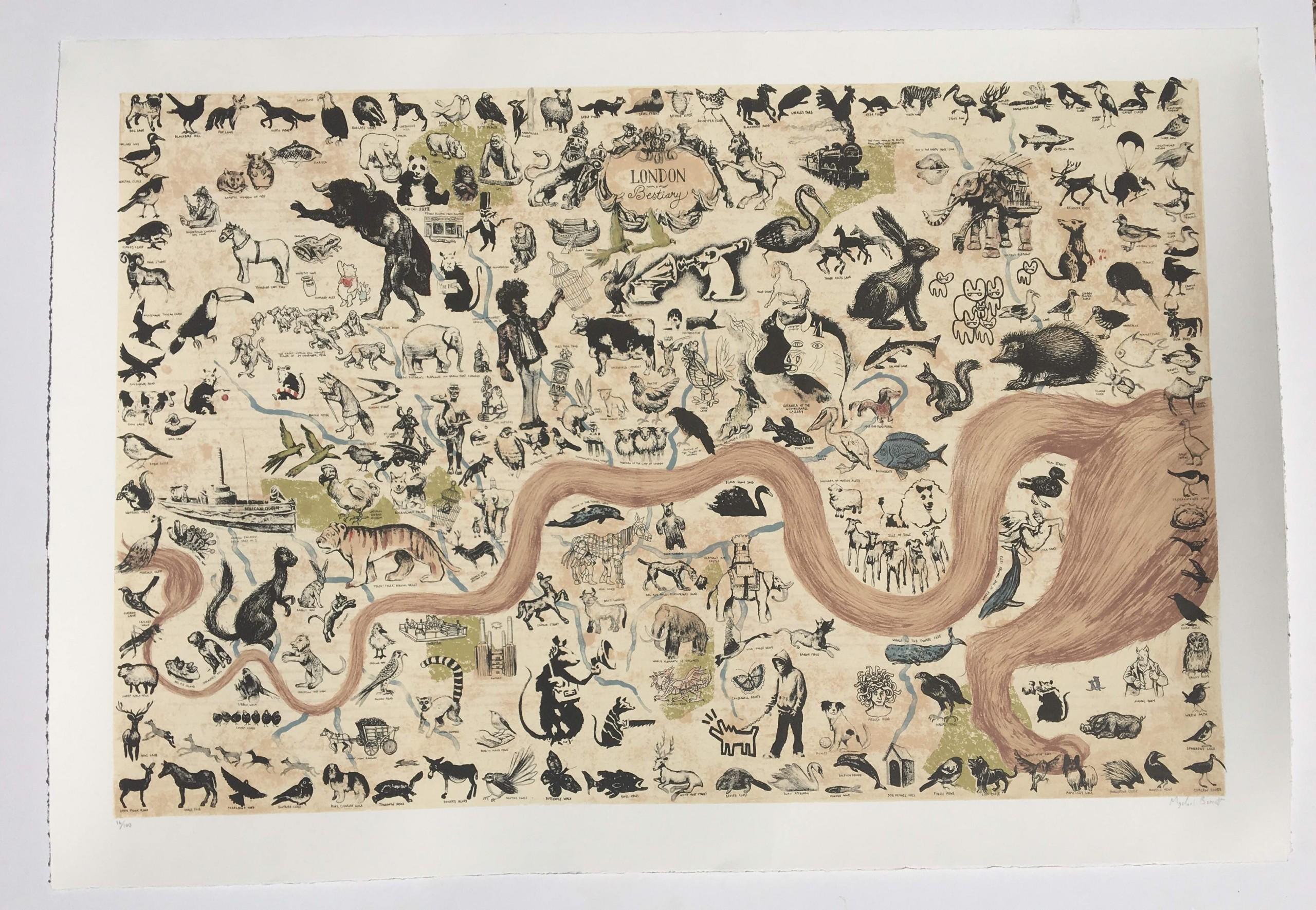 Bestiario de Londres por Mychael Barratt. Serigrafía de edición limitada. Edición de 100 ejemplares. Tamaño de la imagen: Alto 66 cm x Ancho 99,7 cm. Tamaño de la hoja: A 112,1 cm x A 76,9 cm x P 0,1 cm. Firmado y titulado. Se vende sin