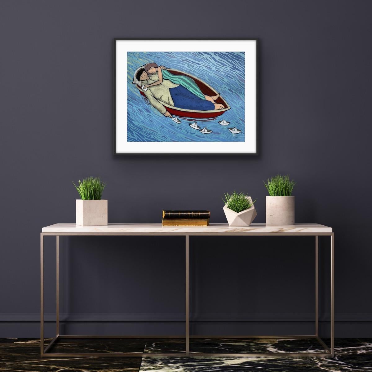 Notes d'amour et petits bateaux, original, contemporain, impression d'art - Bleu Still-Life Print par Mychael Barratt