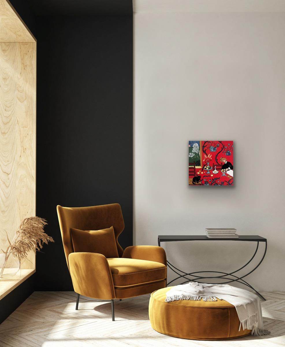 Matisse's Cat - Harmony in Red, contemporary, landscape, print, silkscreen - Print by Mychael Barratt