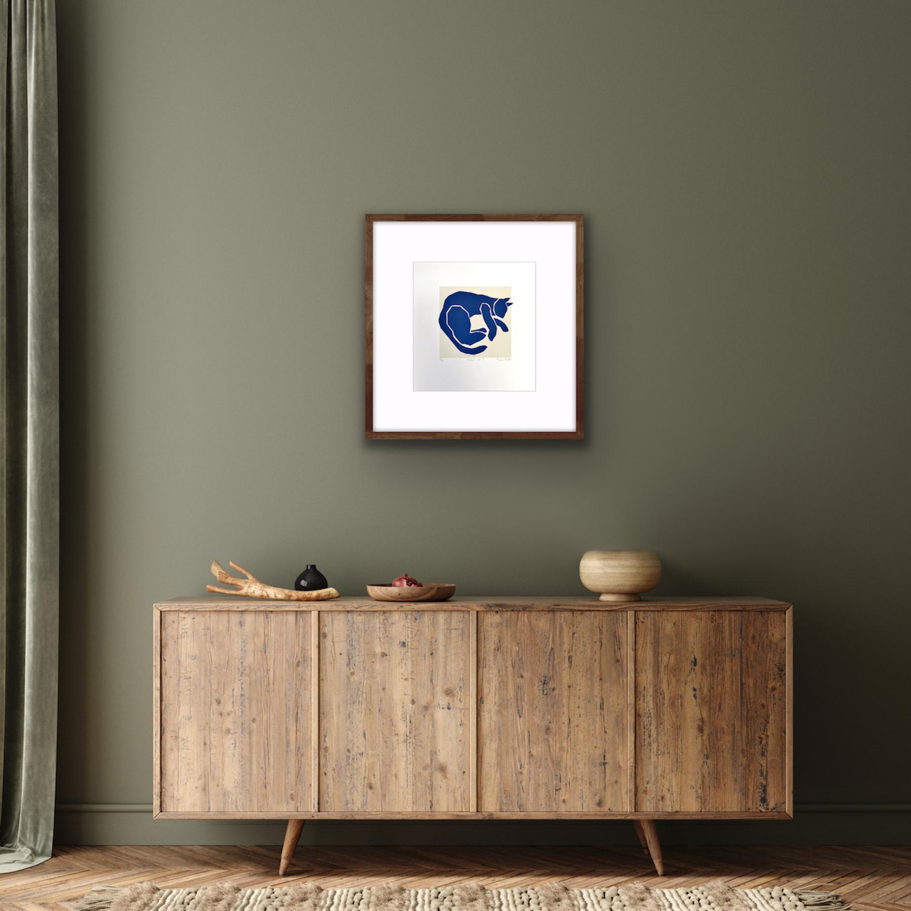 Œuvre d'art de style Matisse - Chat de Matisse, estampe d'animaux contemporaine, art bleu en vente 1