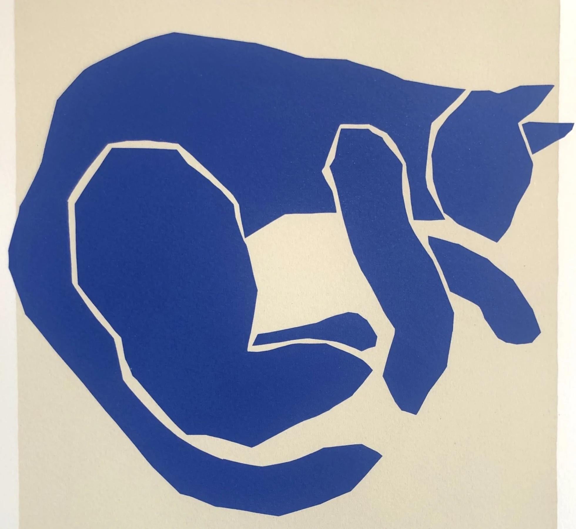 Animal Print Mychael Barratt - Œuvre d'art de style Matisse - Chat de Matisse, estampe d'animaux contemporaine, art bleu