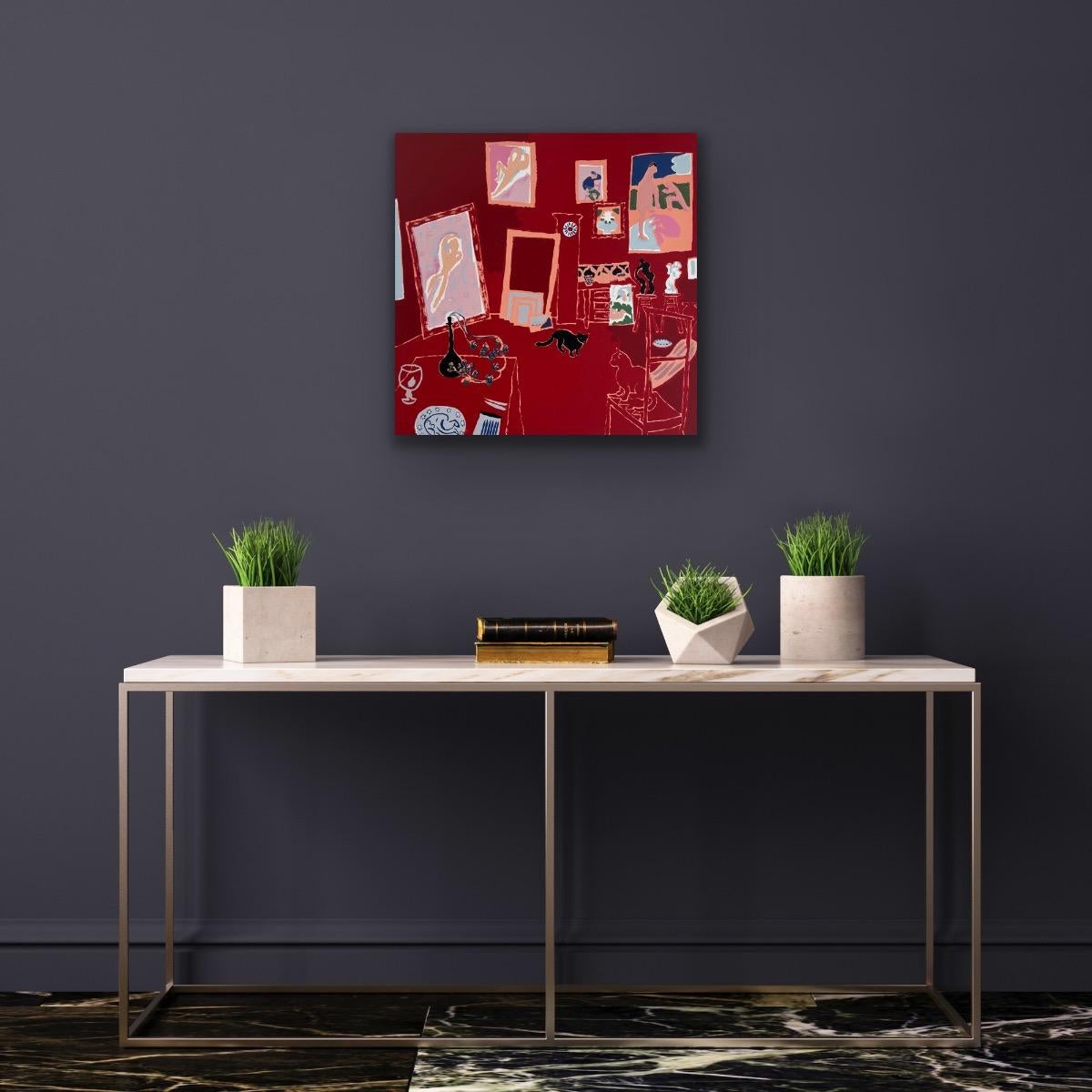 Matisse's Cat - The Red Studio, zeitgenössisch, Landschaft, Druck, Siebdruck – Print von Mychael Barratt