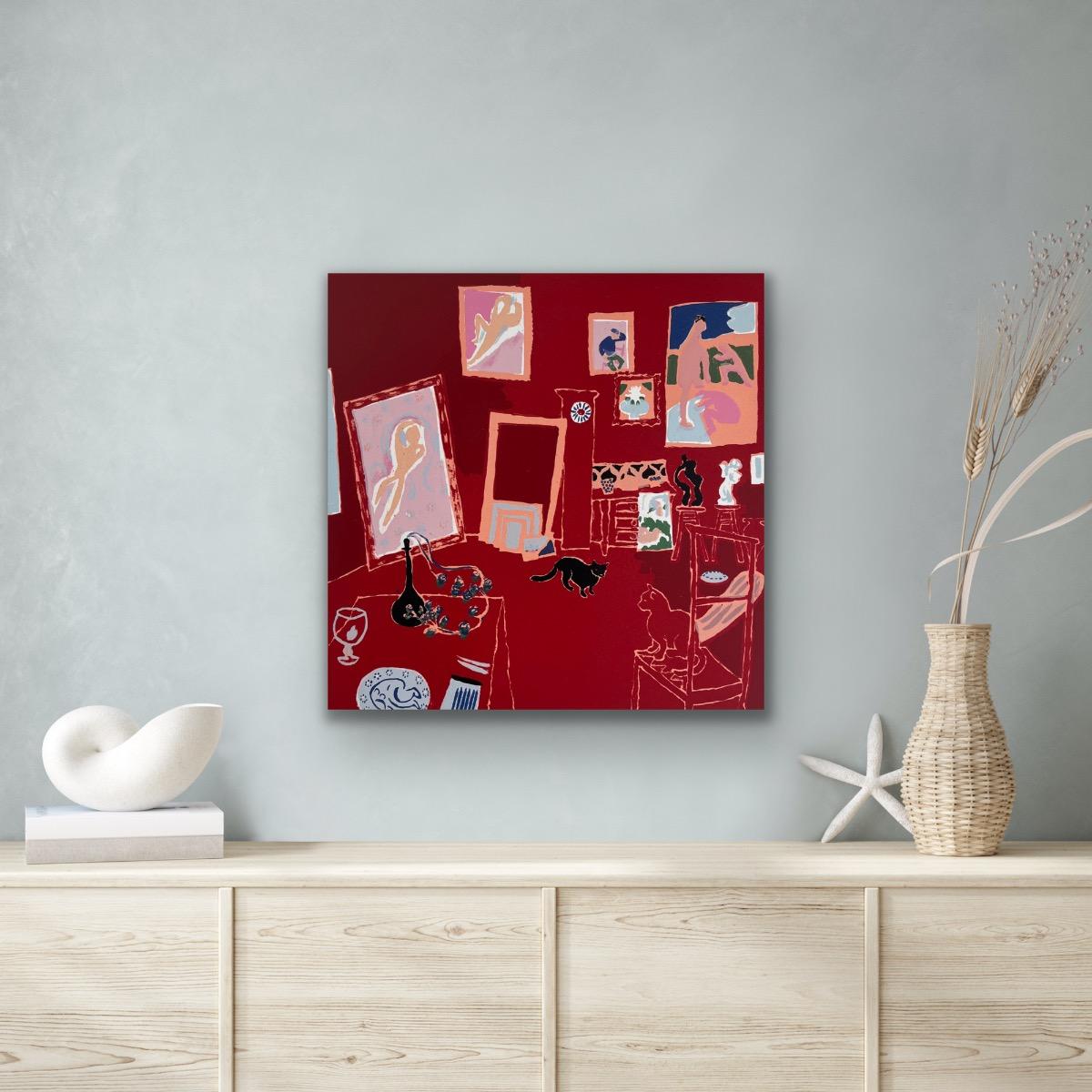 Matisse's Cat - The Red Studio, zeitgenössisch, Landschaft, Druck, Siebdruck (Rot), Still-Life Print, von Mychael Barratt