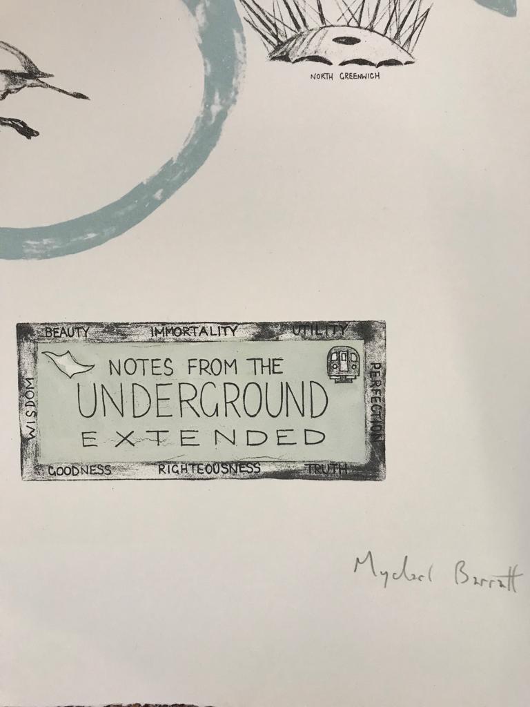 Notes from the Underground, London art, Underground, Trains, Illustration - Gris Landscape Print par Mychael Barratt