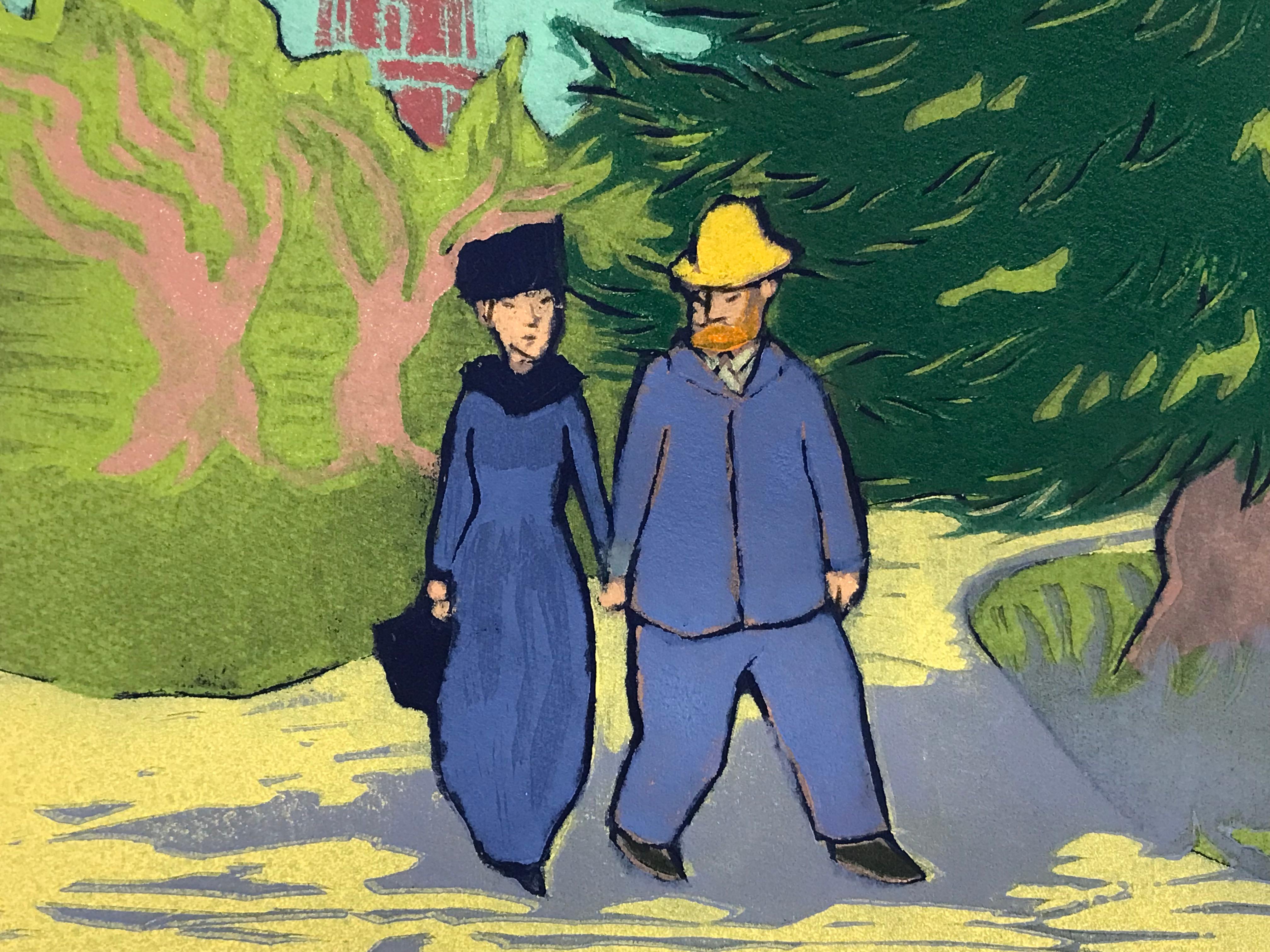 A limited edition woodcut on paper print by Mychael Barratt of Vincent Van Gogh with a lady on a walk in london, passing a grand tree and Great Pagoda. The print is compromised of blue, green, purple, pink and yellow tones

Additional