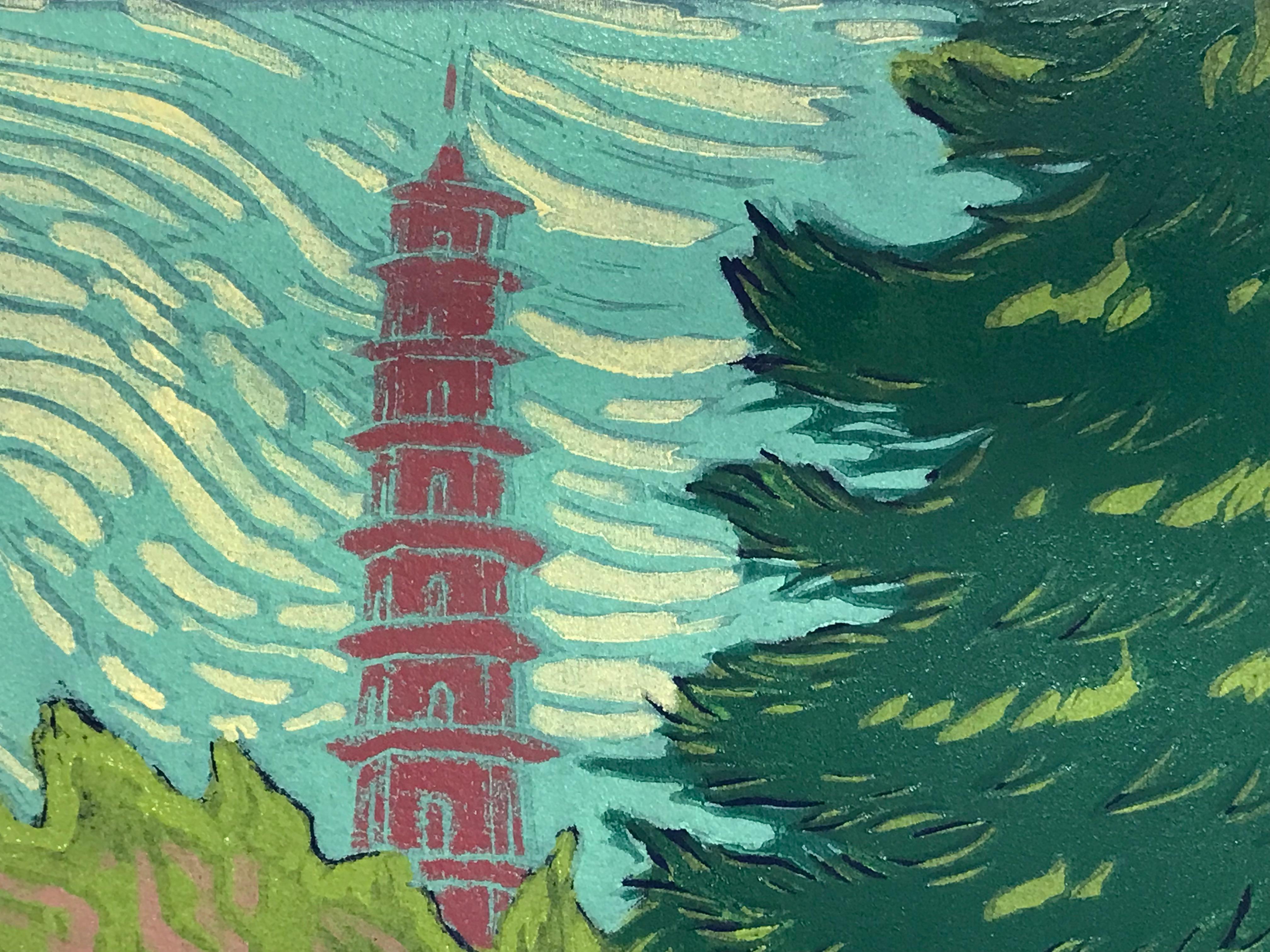 A limited edition woodcut on paper print by Mychael Barratt of Vincent Van Gogh with a lady on a walk in london, passing a grand tree and Great Pagoda. The print is compromised of blue, green, purple, pink and yellow tones

Additional